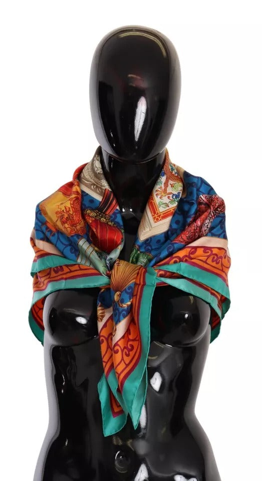 Dolce &amp; Gabbana Multicolor Fans Dragon Nylon Shawl Wrap Scarf