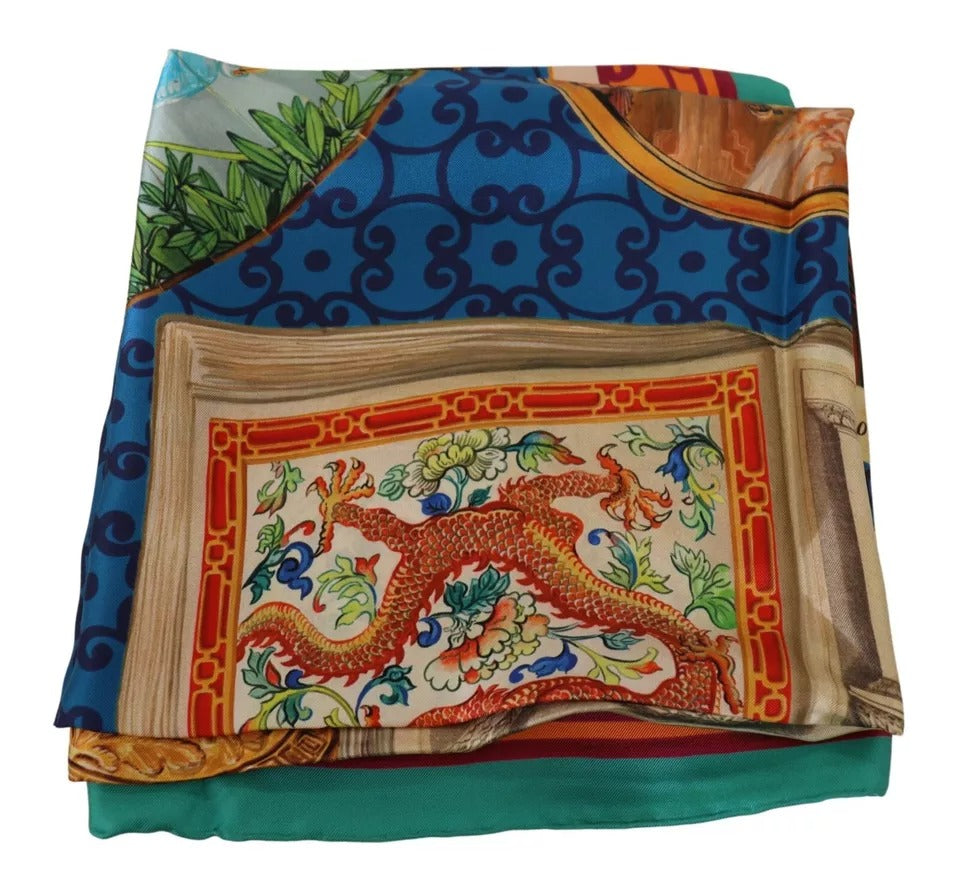 Dolce &amp; Gabbana Multicolor Fans Dragon Nylon Shawl Wrap Scarf