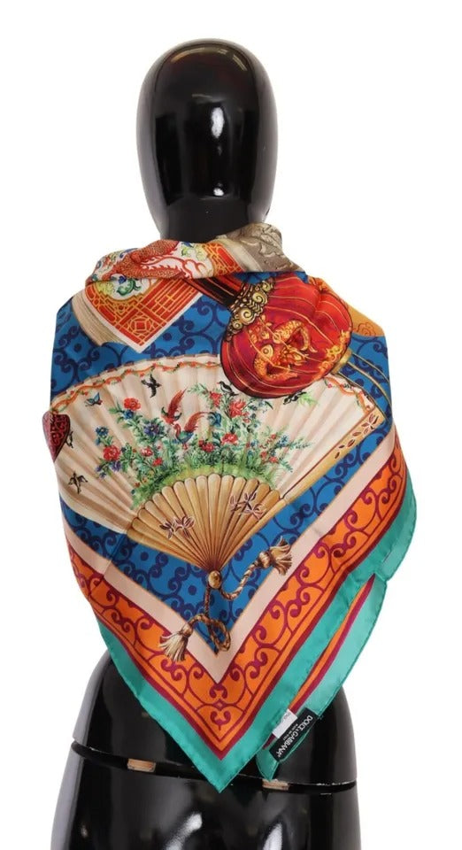 Dolce &amp; Gabbana Multicolor Fans Dragon Nylon Shawl Wrap Scarf