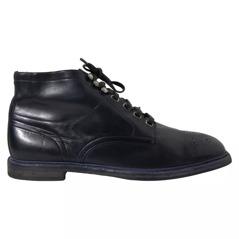 Dolce &amp; Gabbana Navy Blue Leather Lace Up Ankle Boots Shoes