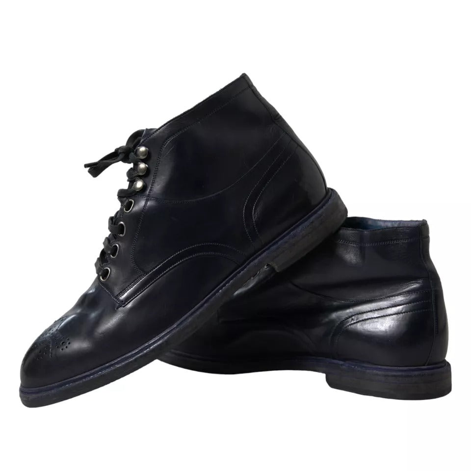 Dolce &amp; Gabbana Navy Blue Leather Lace Up Ankle Boots Shoes