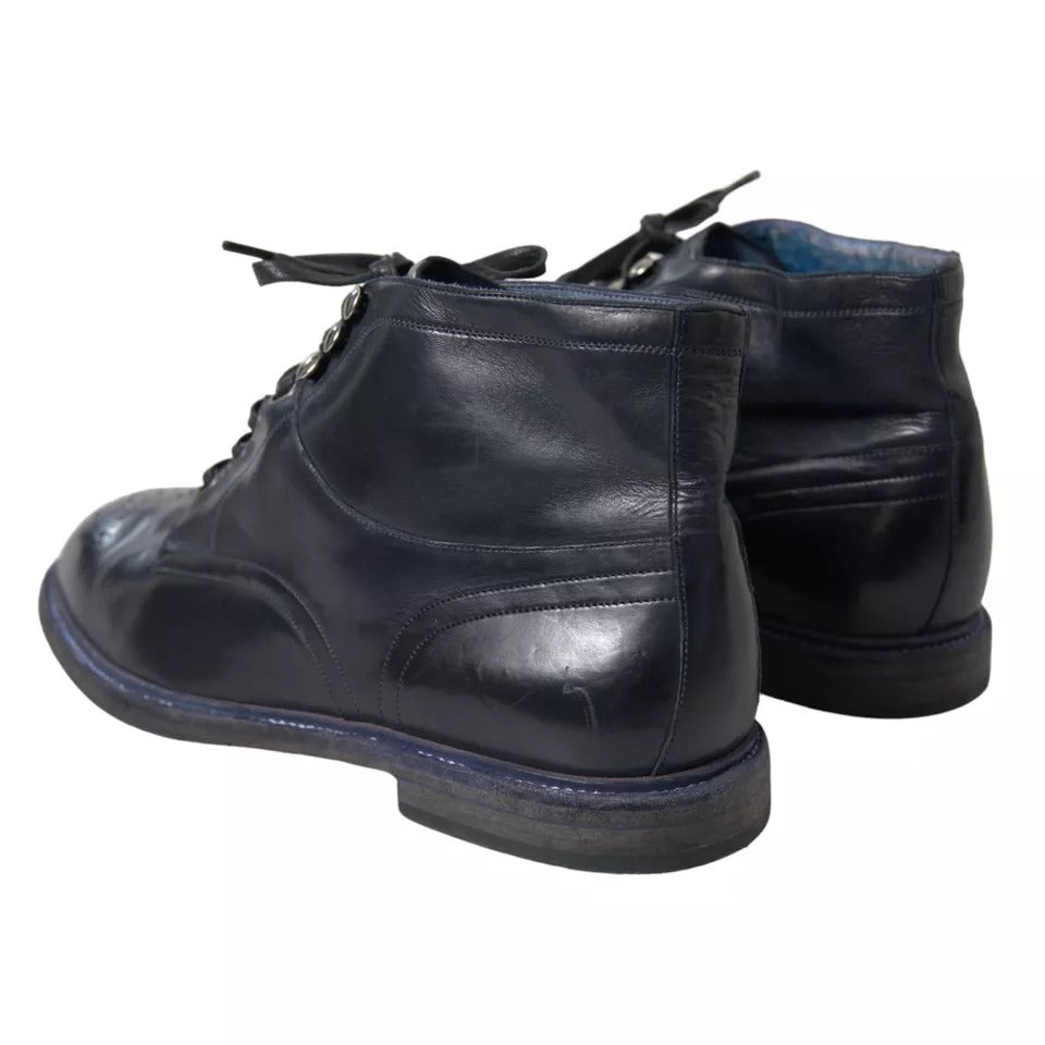 Dolce &amp; Gabbana Navy Blue Leather Lace Up Ankle Boots Shoes