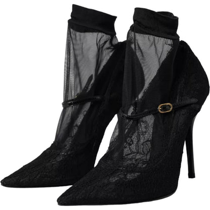 Dolce &amp; Gabbana Black Tulle Stretch Boots Pumps Shoes