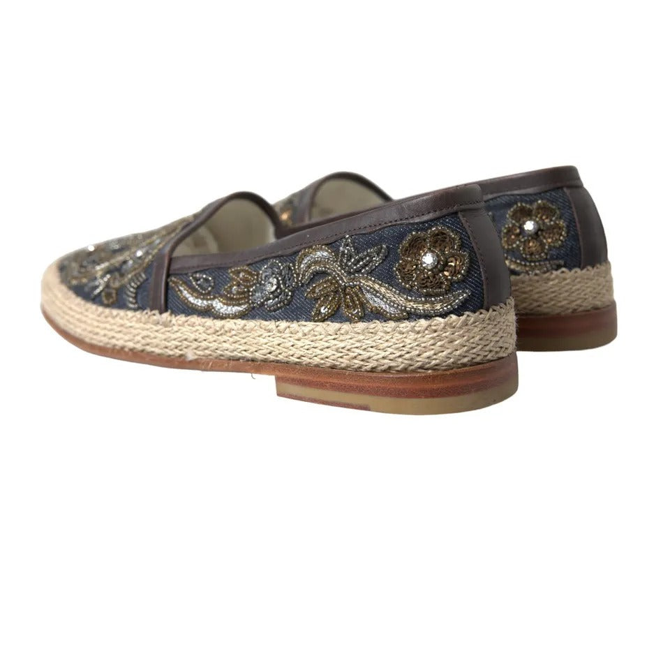 Dolce &amp; Gabbana Blue Embroidered Denim Men Espadrilles Shoes