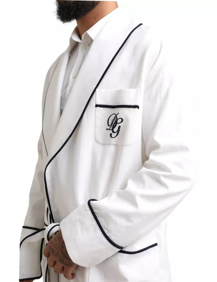 Dolce &amp; Gabbana White Linen Belted Robe DG Logo Sleepwear