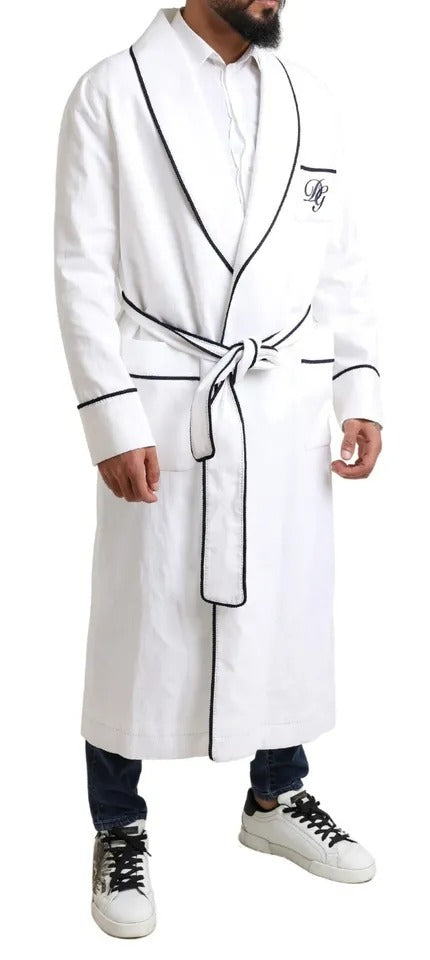 Dolce &amp; Gabbana White Linen Belted Robe DG Logo Sleepwear