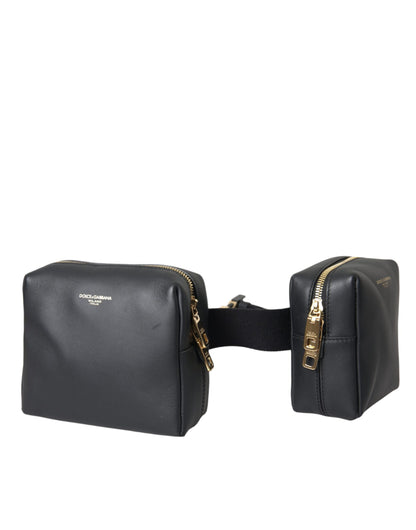 Dolce &amp; Gabbana Black Calfskin Leather Double Waist Belt Fanny Pack Bag