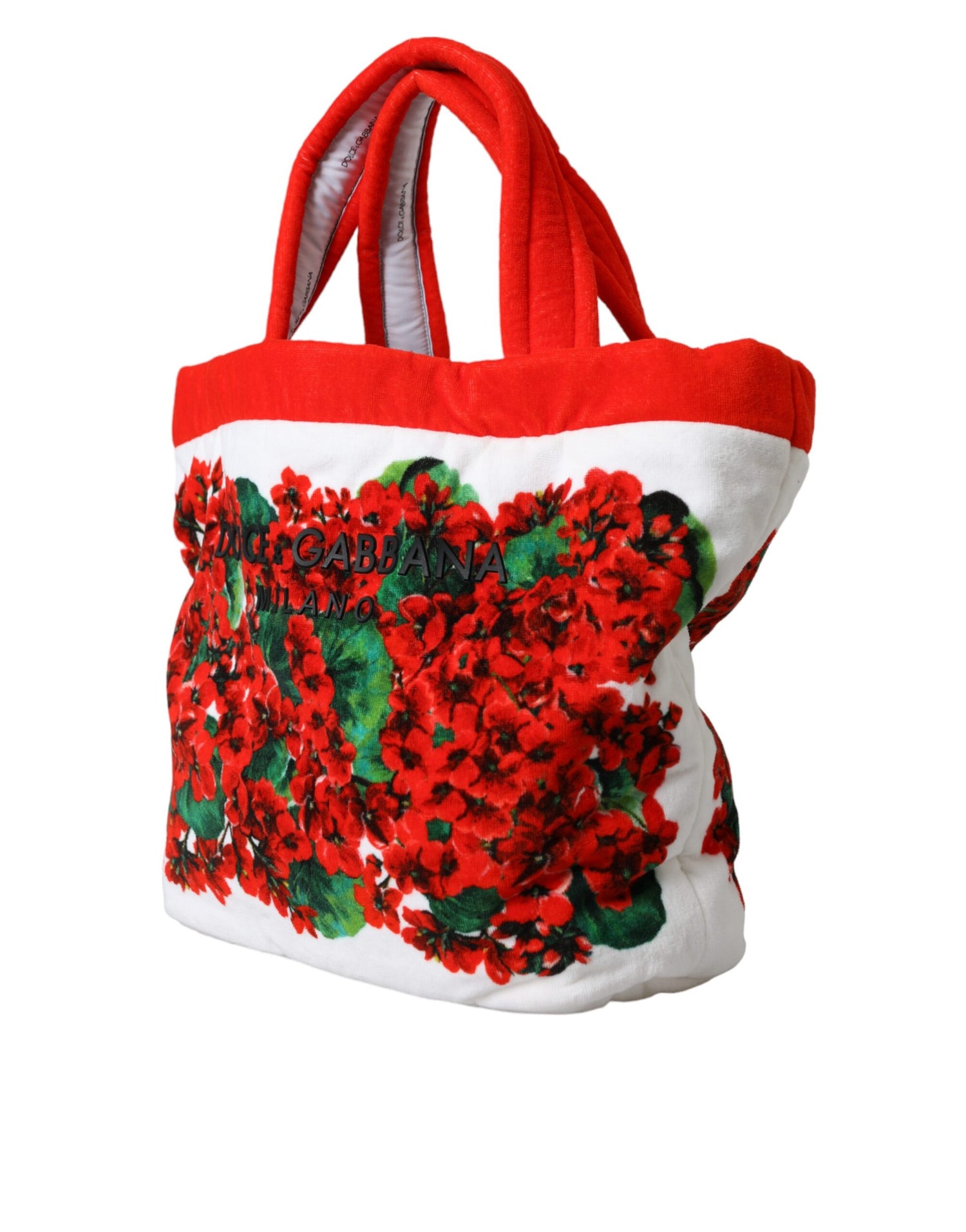 Dolce &amp; Gabbana White Red Floral Canvas Logo Shopping Tote Bag