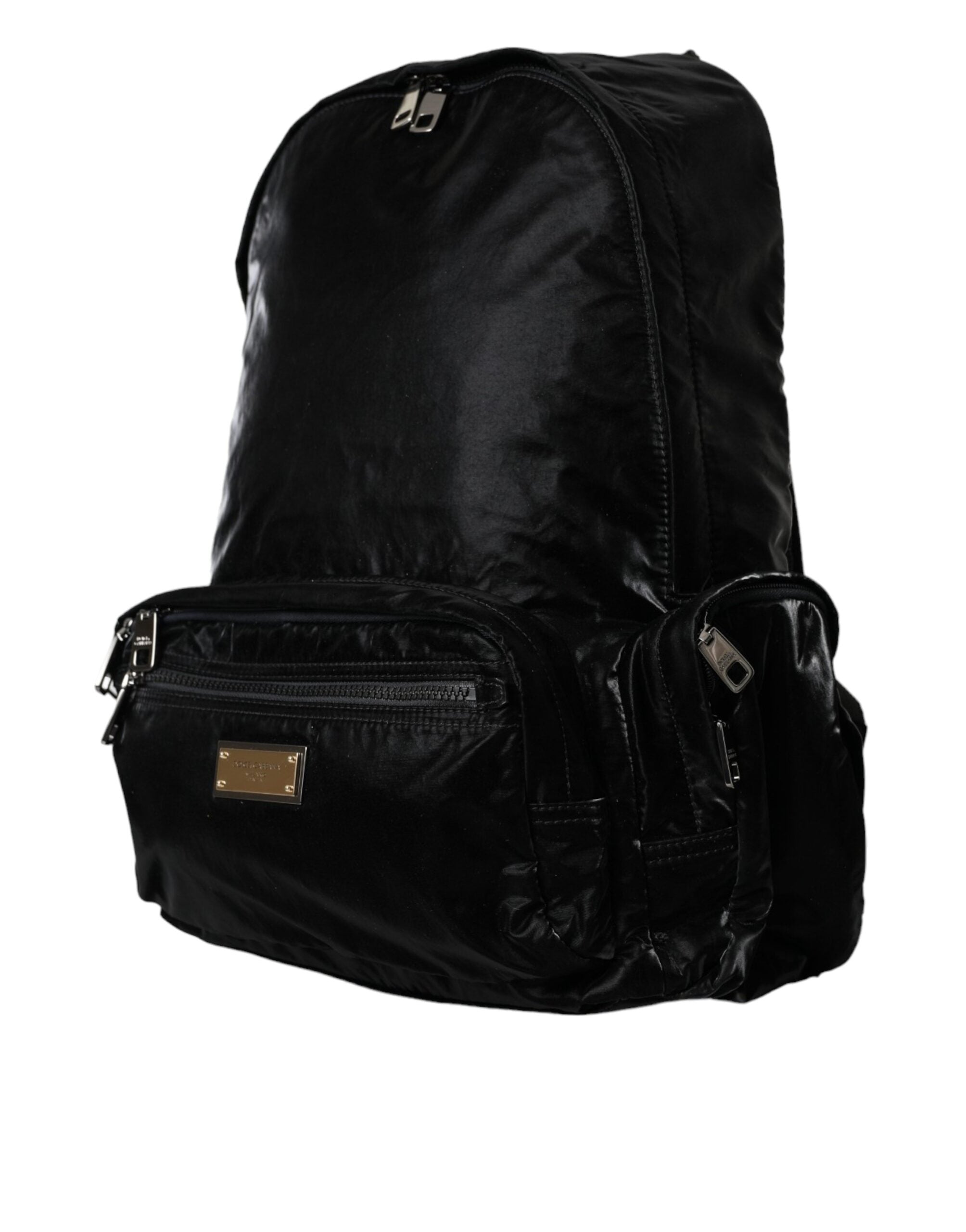 Dolce &amp; Gabbana Black Patent Leather Logo Plaque Backpack Bag