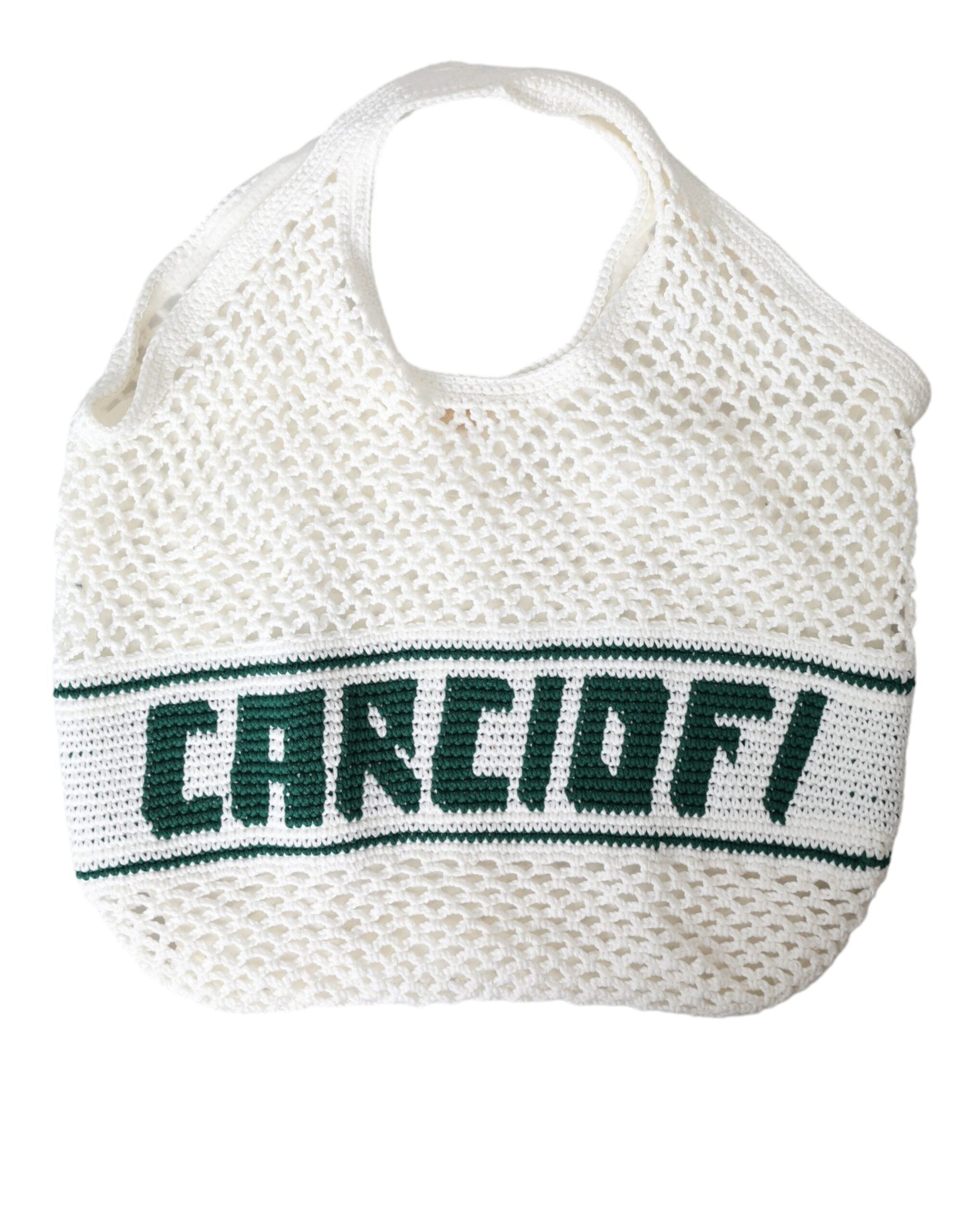 Dolce &amp; Gabbana White Green Knitted Cotton Logo Shopping Tote Bag