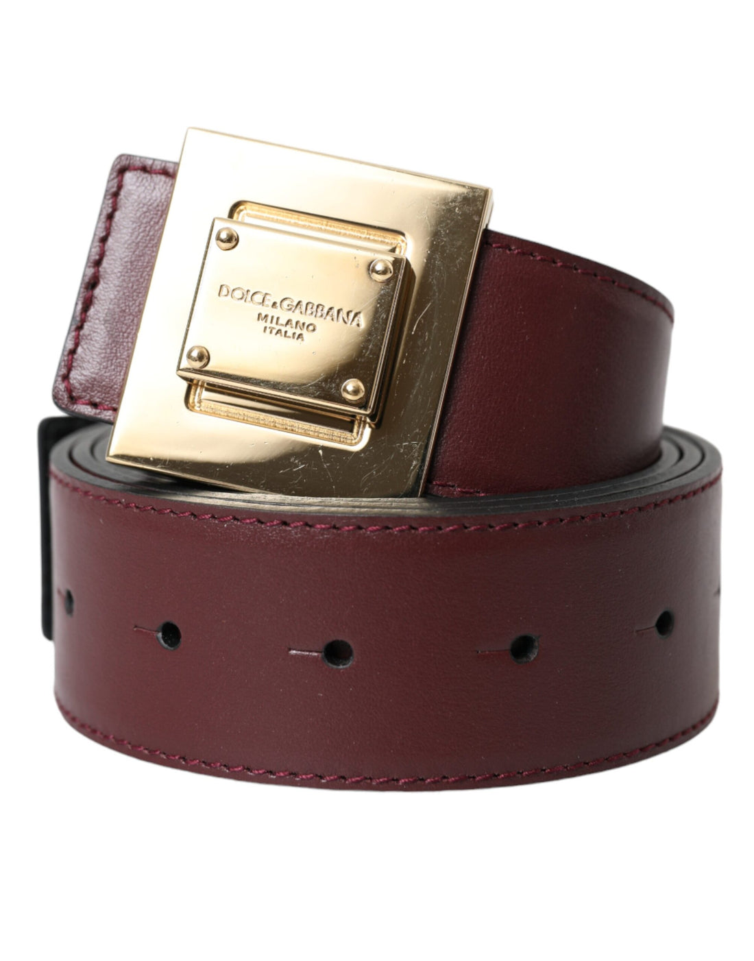 Dolce &amp; Gabbana Burgundy Leather Square Metal Buckle Belt