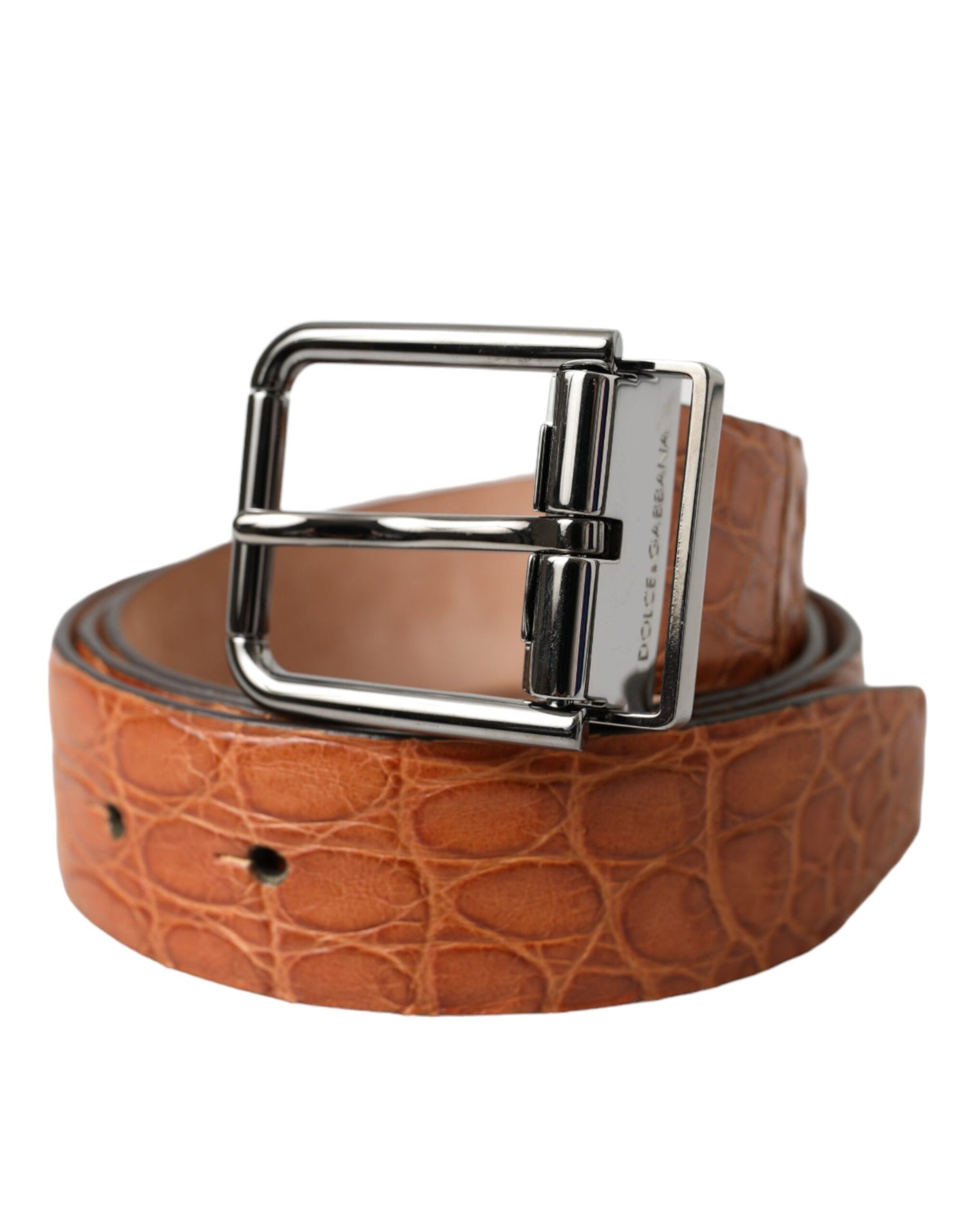 Dolce &amp; Gabbana Brown Exotic Leather Silver Metal Buckle Belt