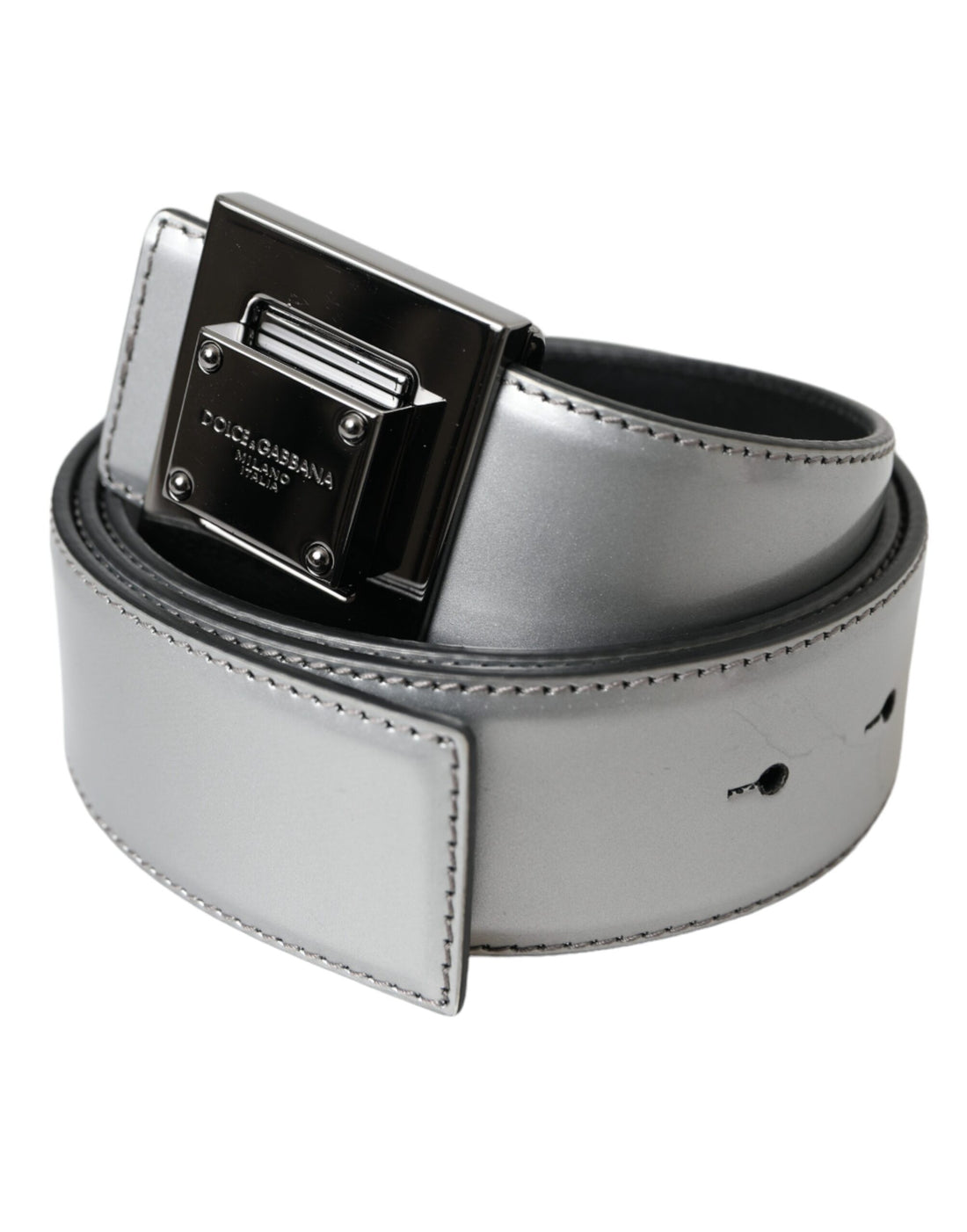 Dolce &amp; Gabbana Silver Leather Square Metal Buckle Belt