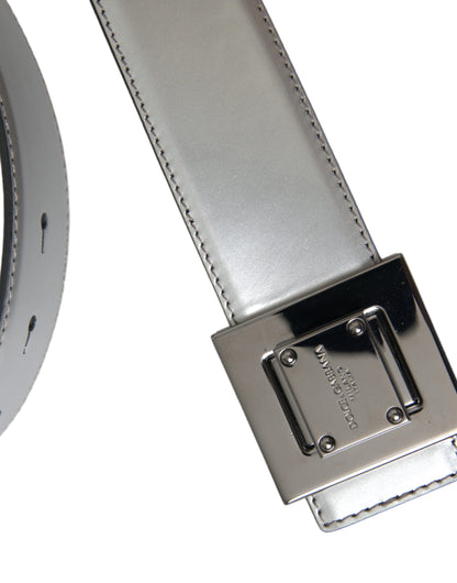 Dolce &amp; Gabbana Silver Leather Square Metal Buckle Belt