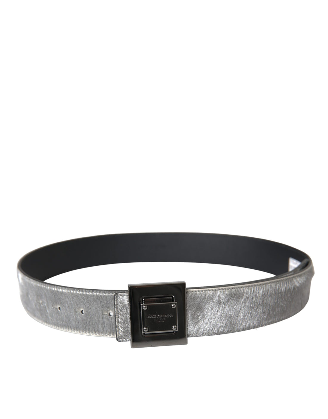 Dolce &amp; Gabbana Silver Leather Square Metal Buckle Belt