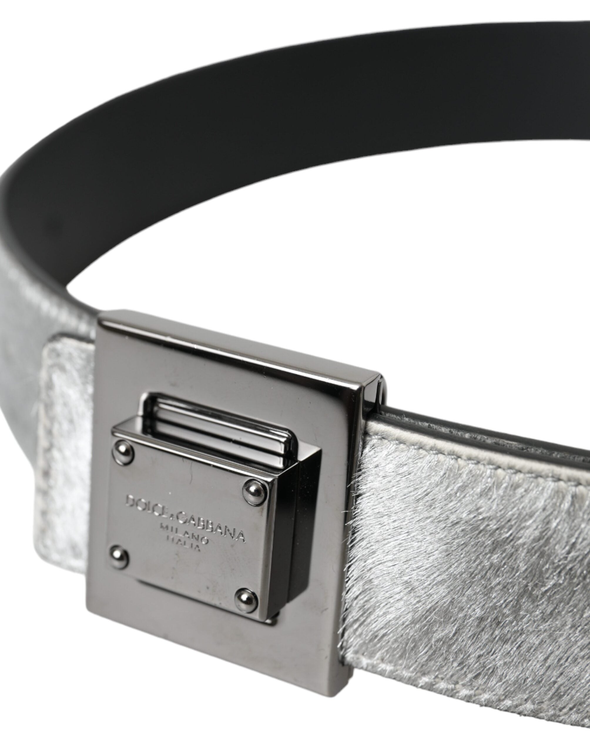 Dolce &amp; Gabbana Silver Leather Square Metal Buckle Belt