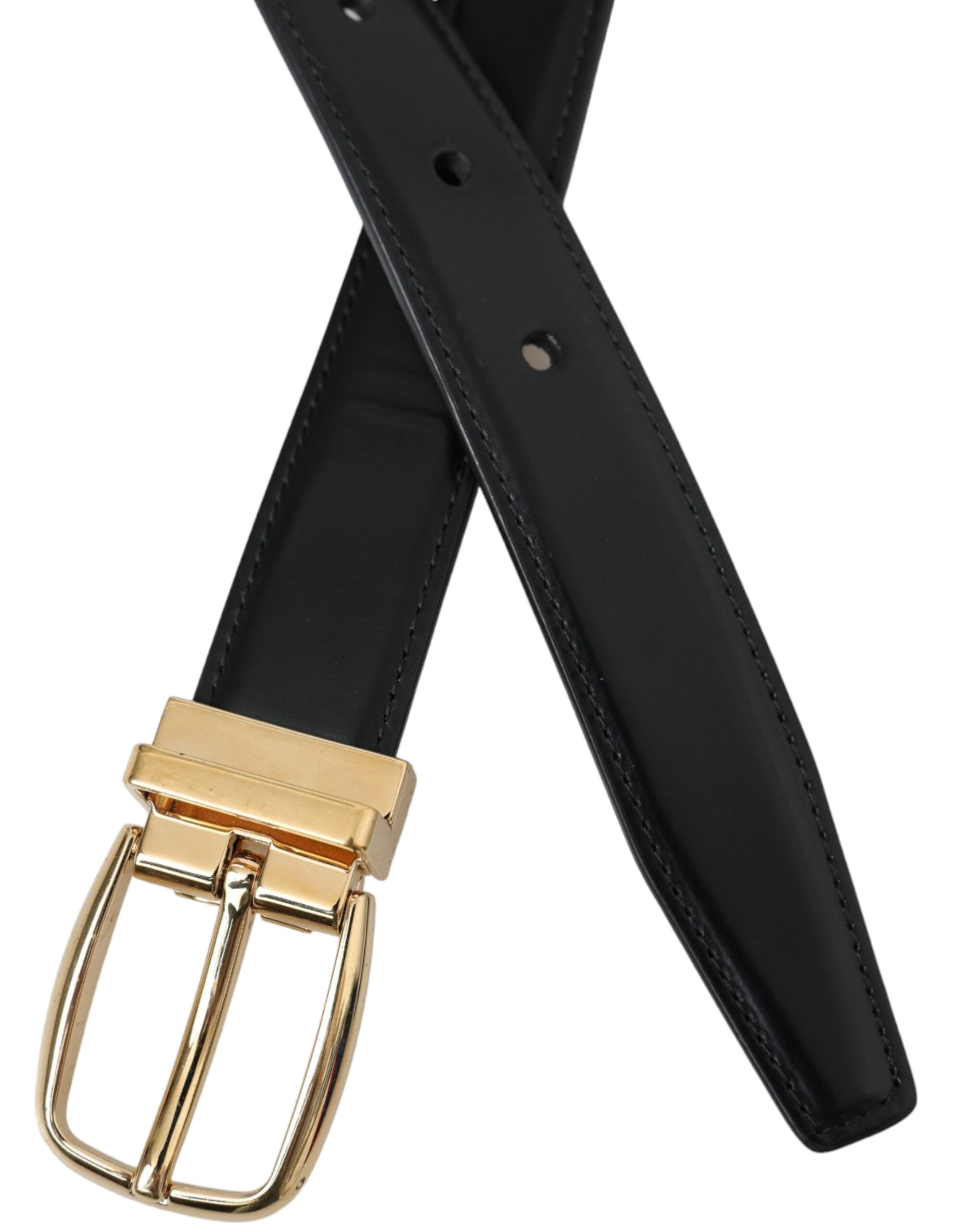 Dolce &amp; Gabbana Black Calf Leather Gold Metal Buckle Belt