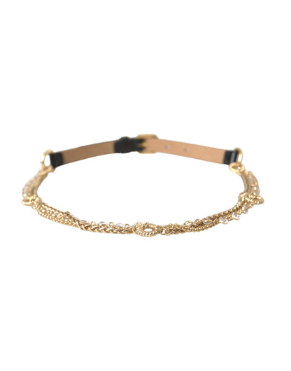 Dolce &amp; Gabbana Black Leather Gold Chain Crystal Waist Women Belt