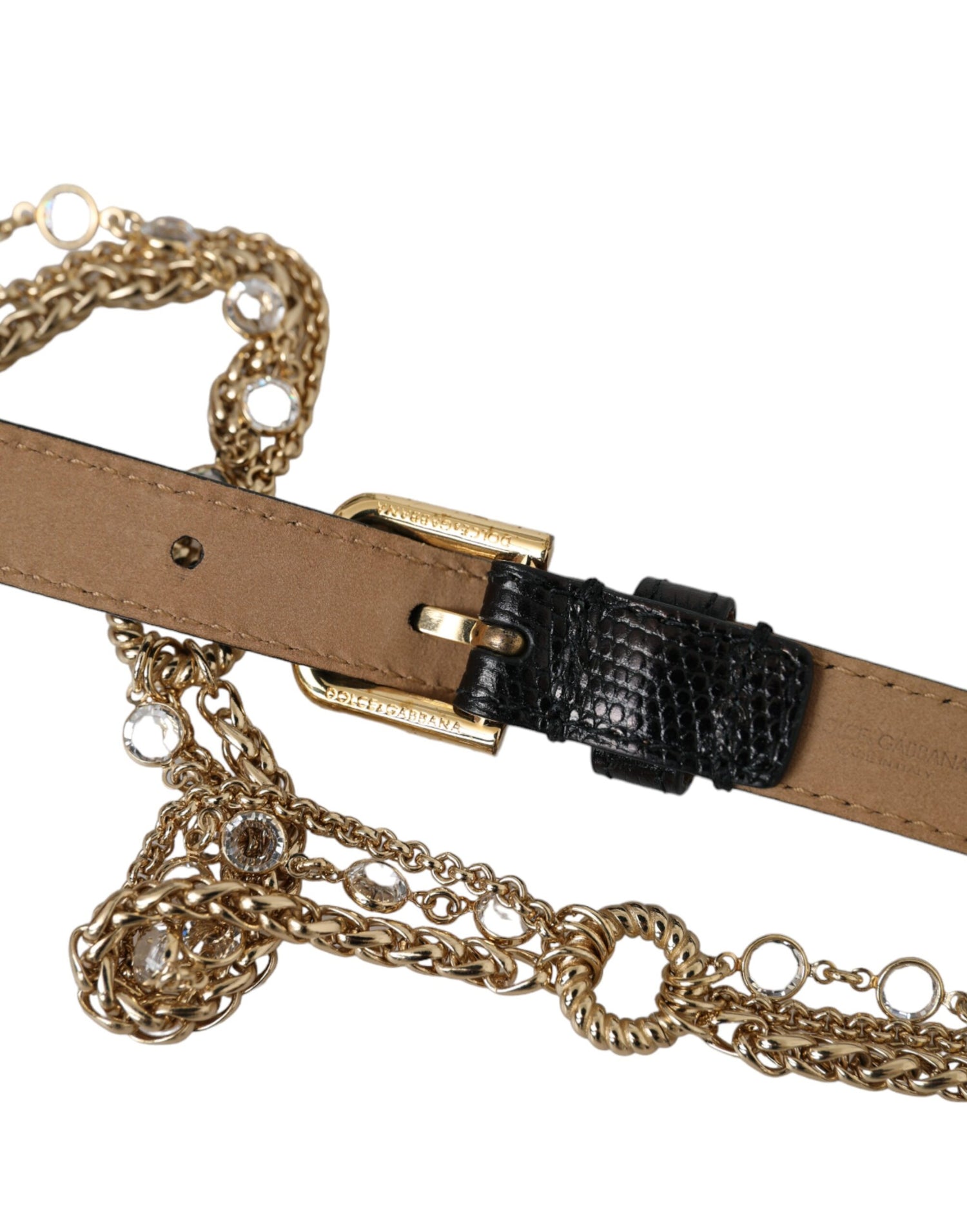 Dolce &amp; Gabbana Black Leather Gold Chain Crystal Waist Women Belt