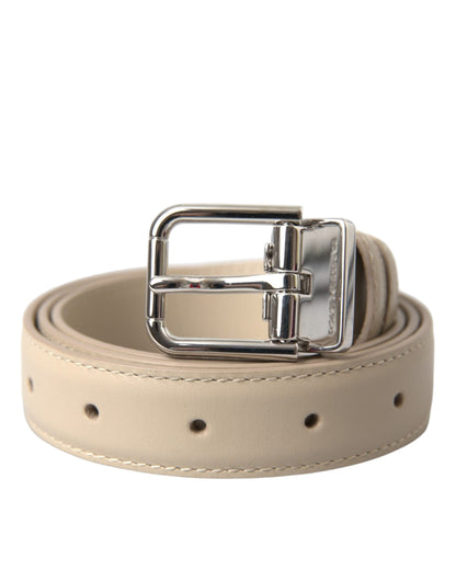 Dolce &amp; Gabbana Beige Calfskin Leather Silver Metal Buckle Belt