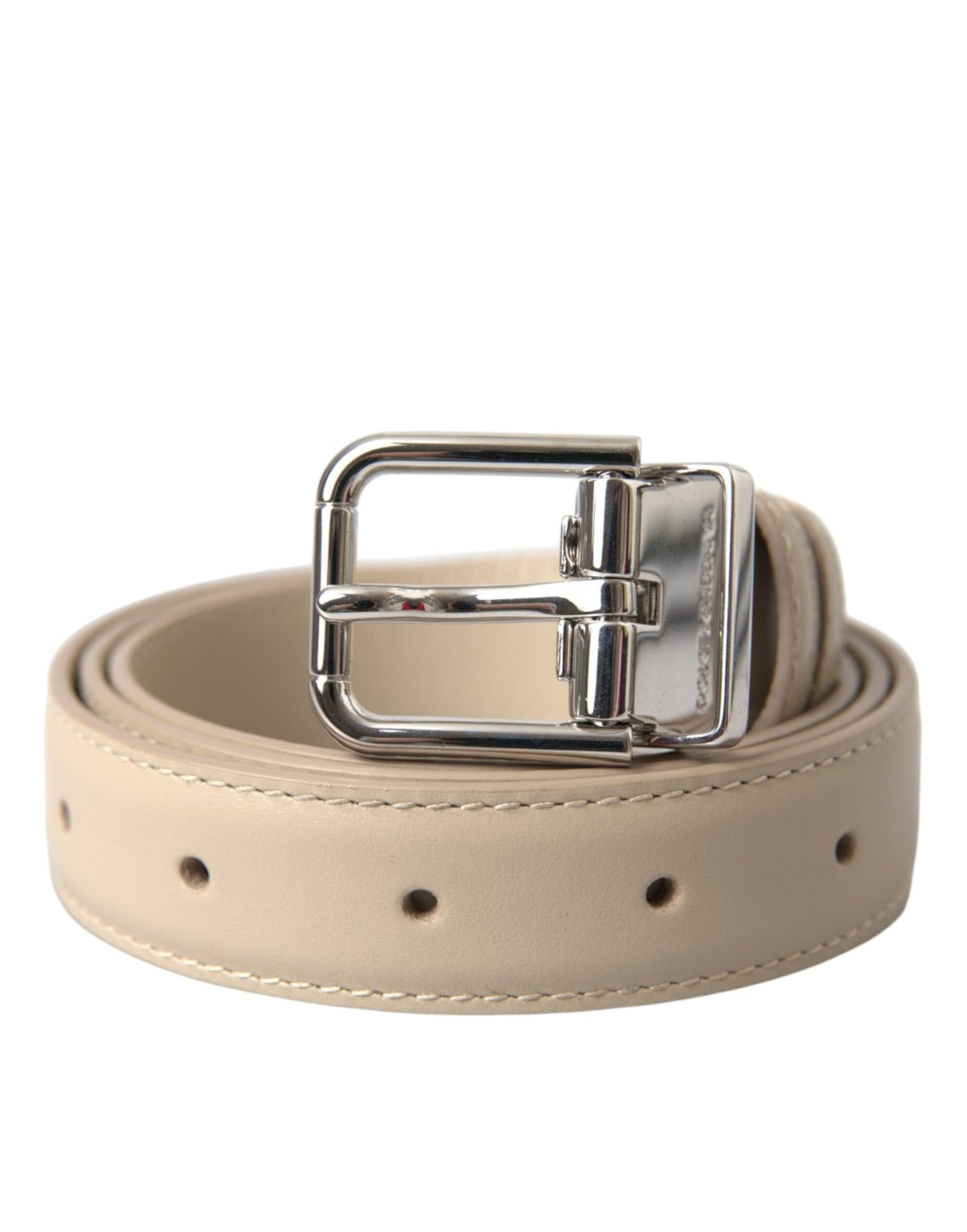 Dolce &amp; Gabbana Beige Calfskin Leather Silver Metal Buckle Belt