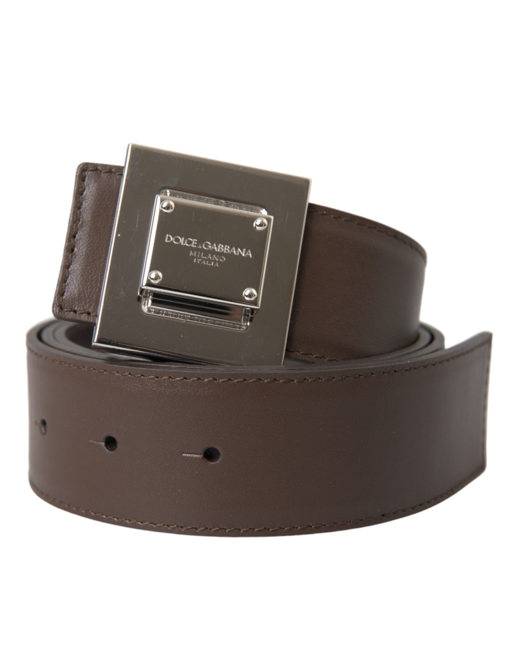 Dolce &amp; Gabbana Brown Calf Leather Square Metal Buckle Belt