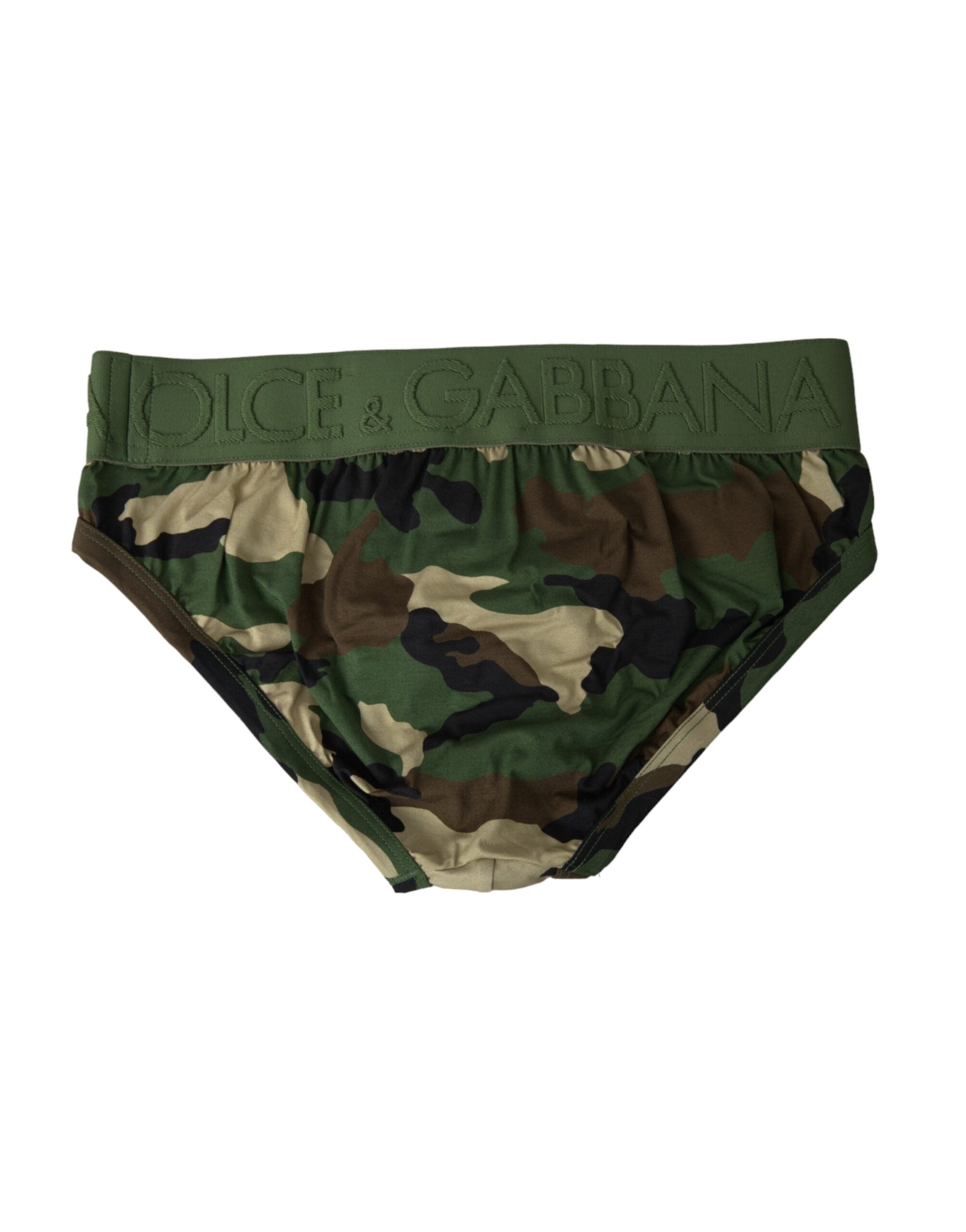 Dolce &amp; Gabbana Green Camouflage Logo Cotton Mid Slip Underwear