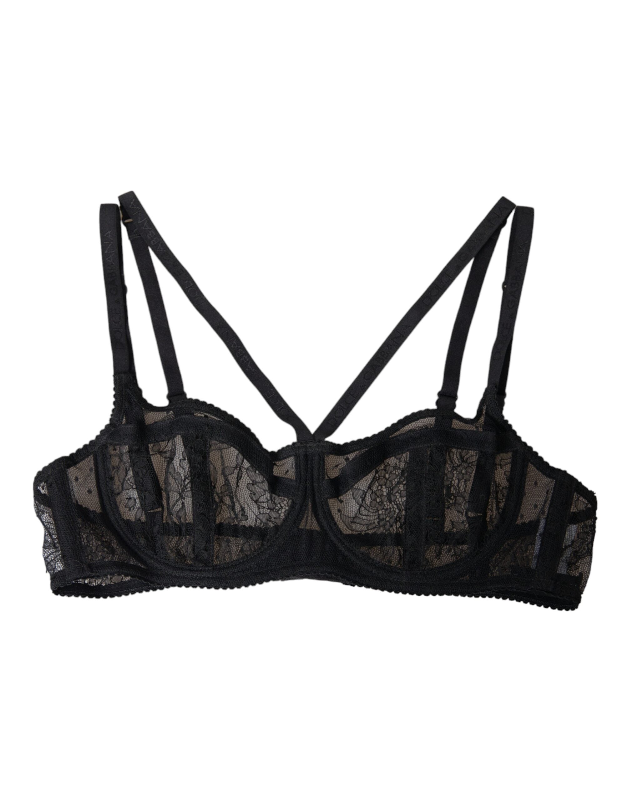 Dolce &amp; Gabbana Black Floral Lace Nylon Balconcino Bra Underwear