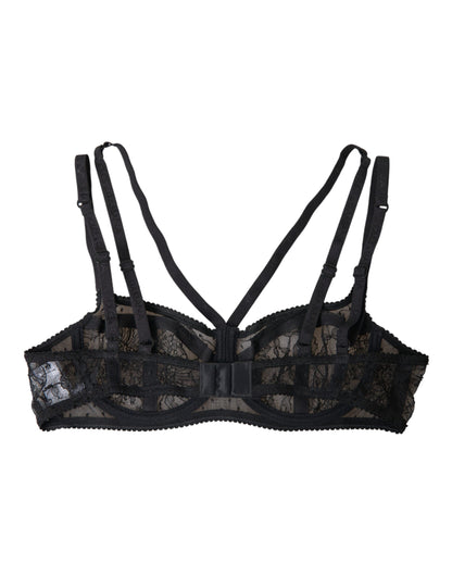 Dolce &amp; Gabbana Black Floral Lace Nylon Balconcino Bra Underwear