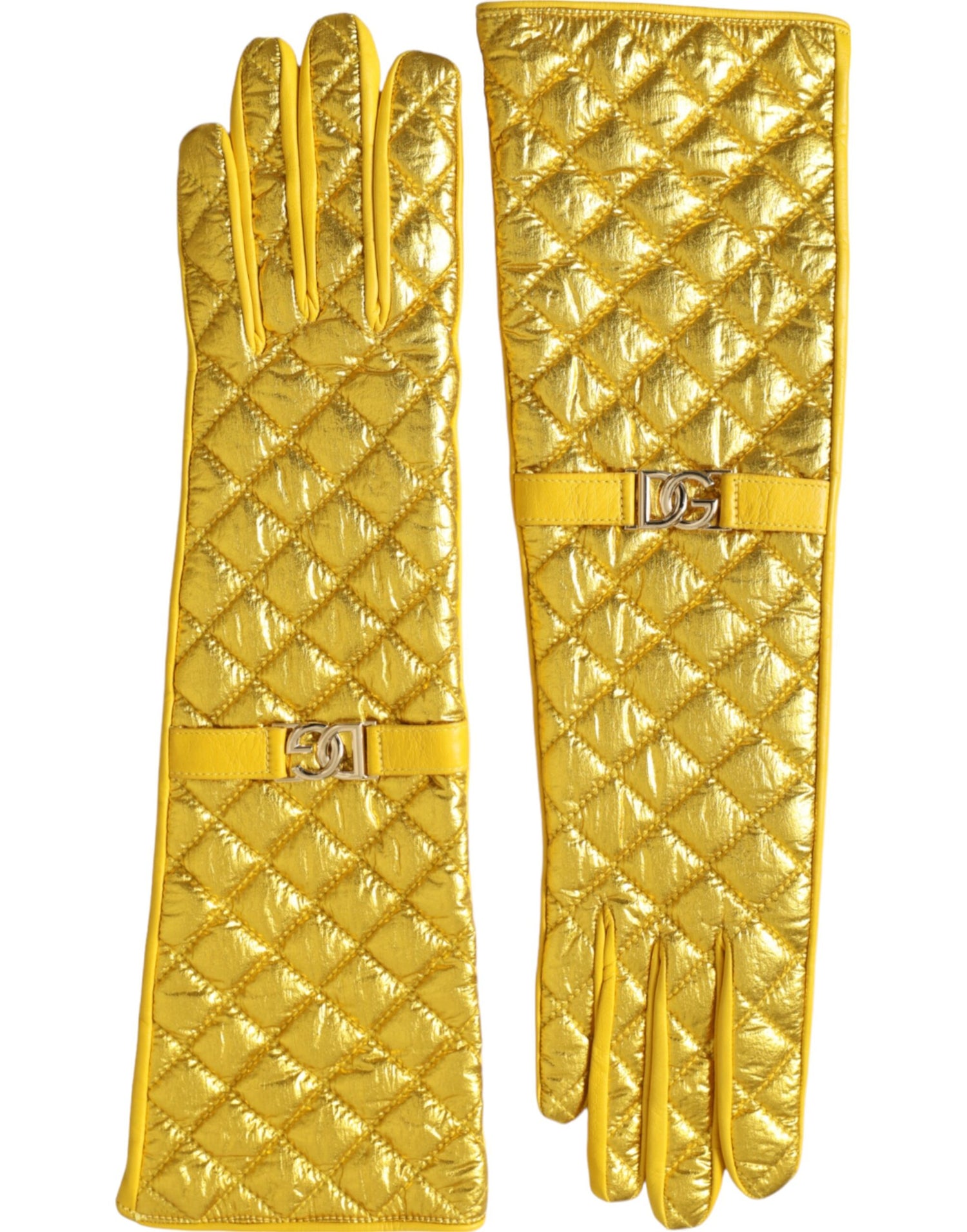 Dolce &amp; Gabbana Gold Leather Quilted Mid Arm Length Gloves