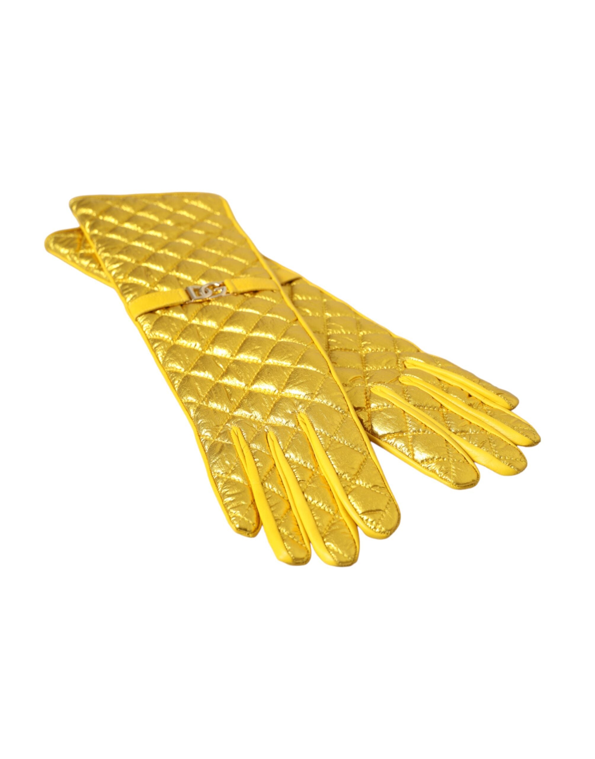 Dolce &amp; Gabbana Gold Leather Quilted Mid Arm Length Gloves