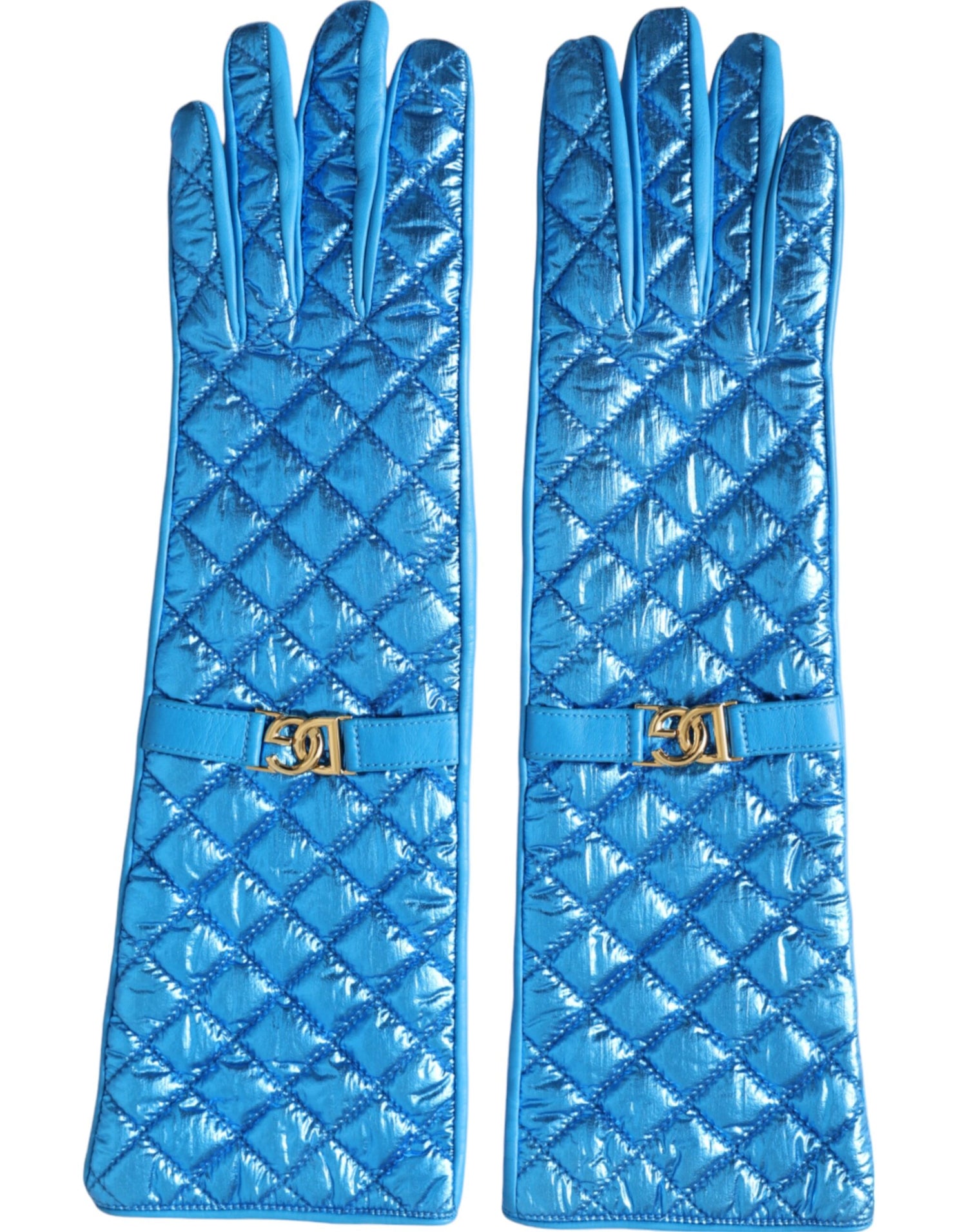 Dolce &amp; Gabbana Blue Leather Quilted Mid Arm Length Gloves