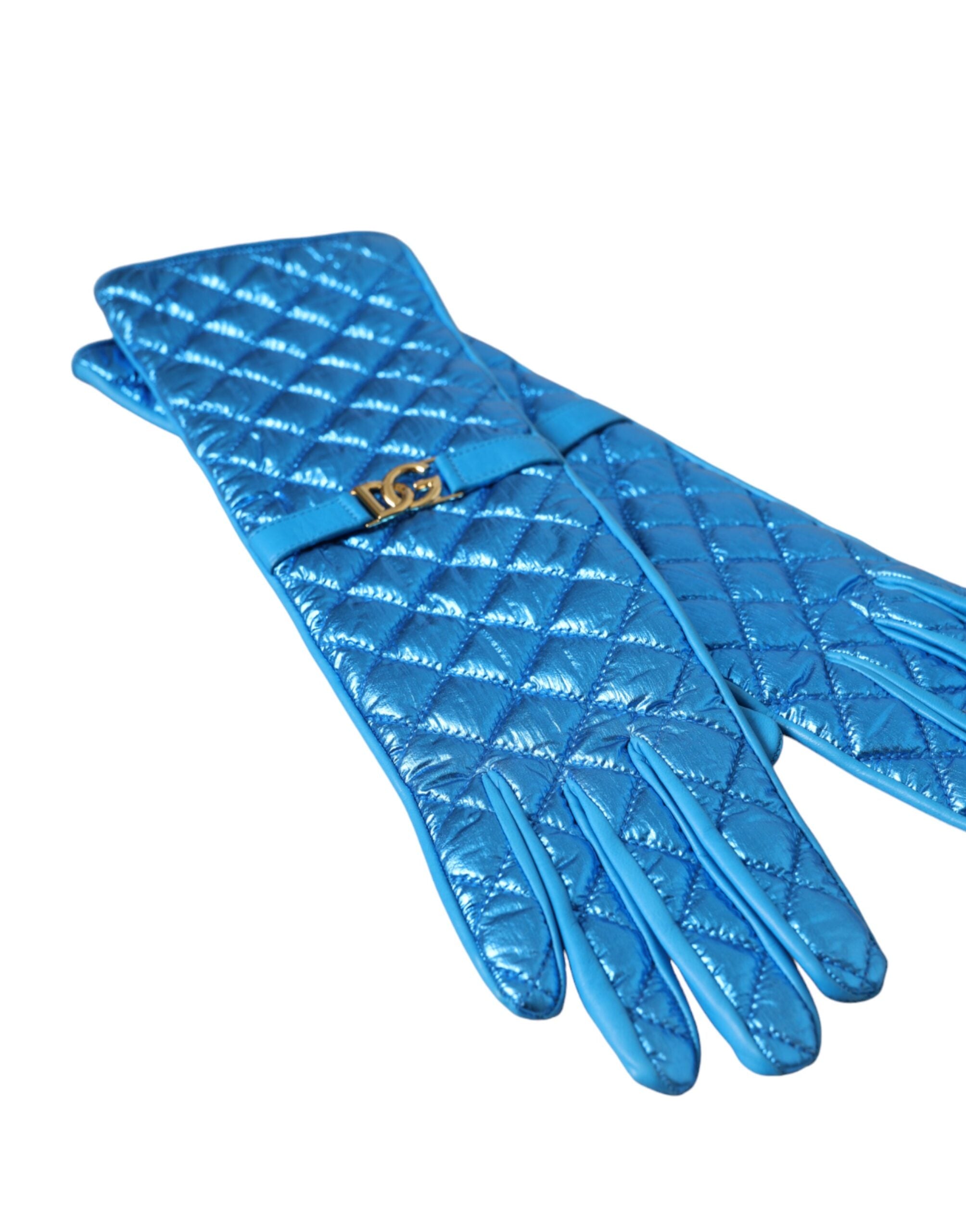 Dolce &amp; Gabbana Blue Leather Quilted Mid Arm Length Gloves