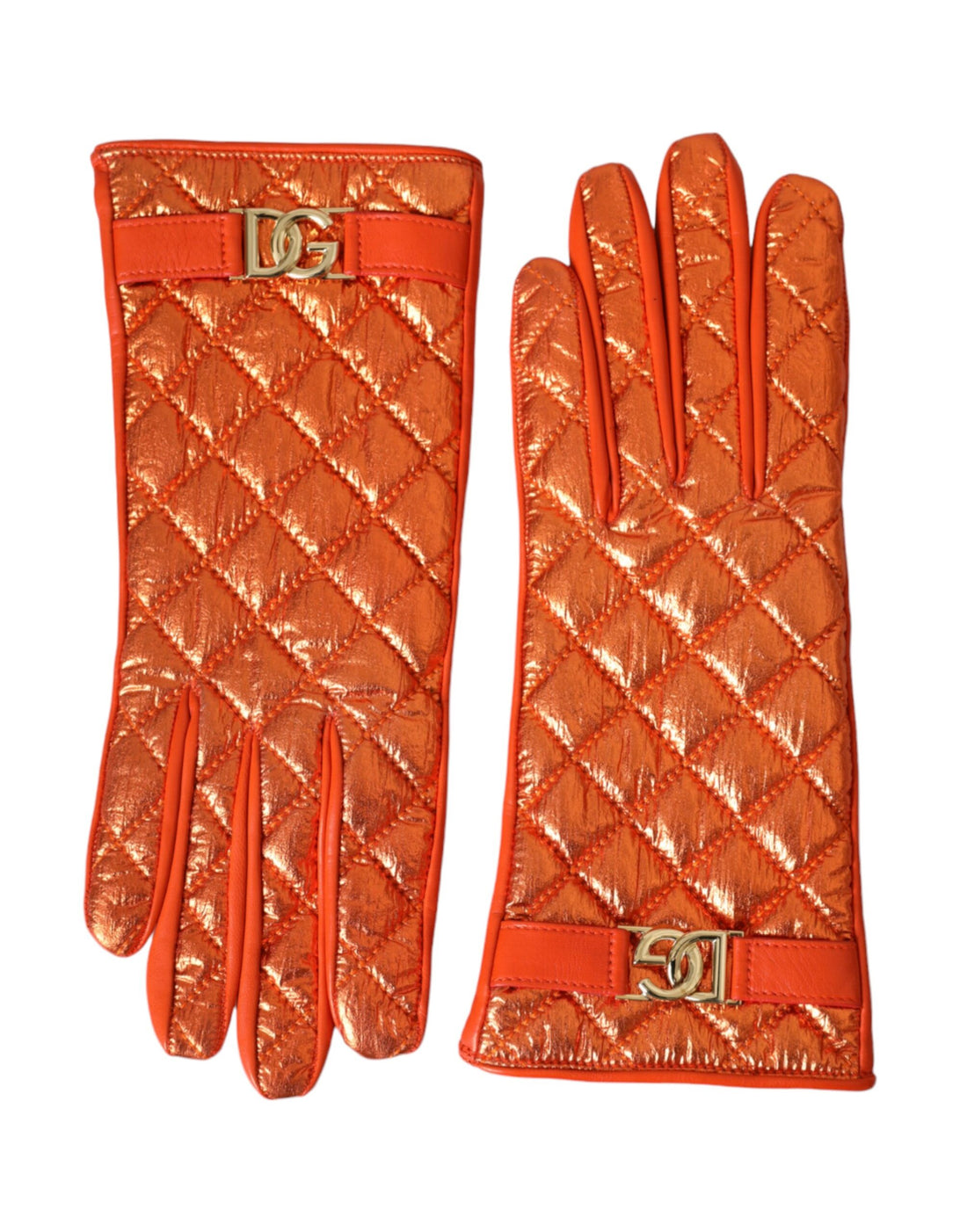 Dolce &amp; Gabbana Orange Leather Quilted Wrist Length Gloves