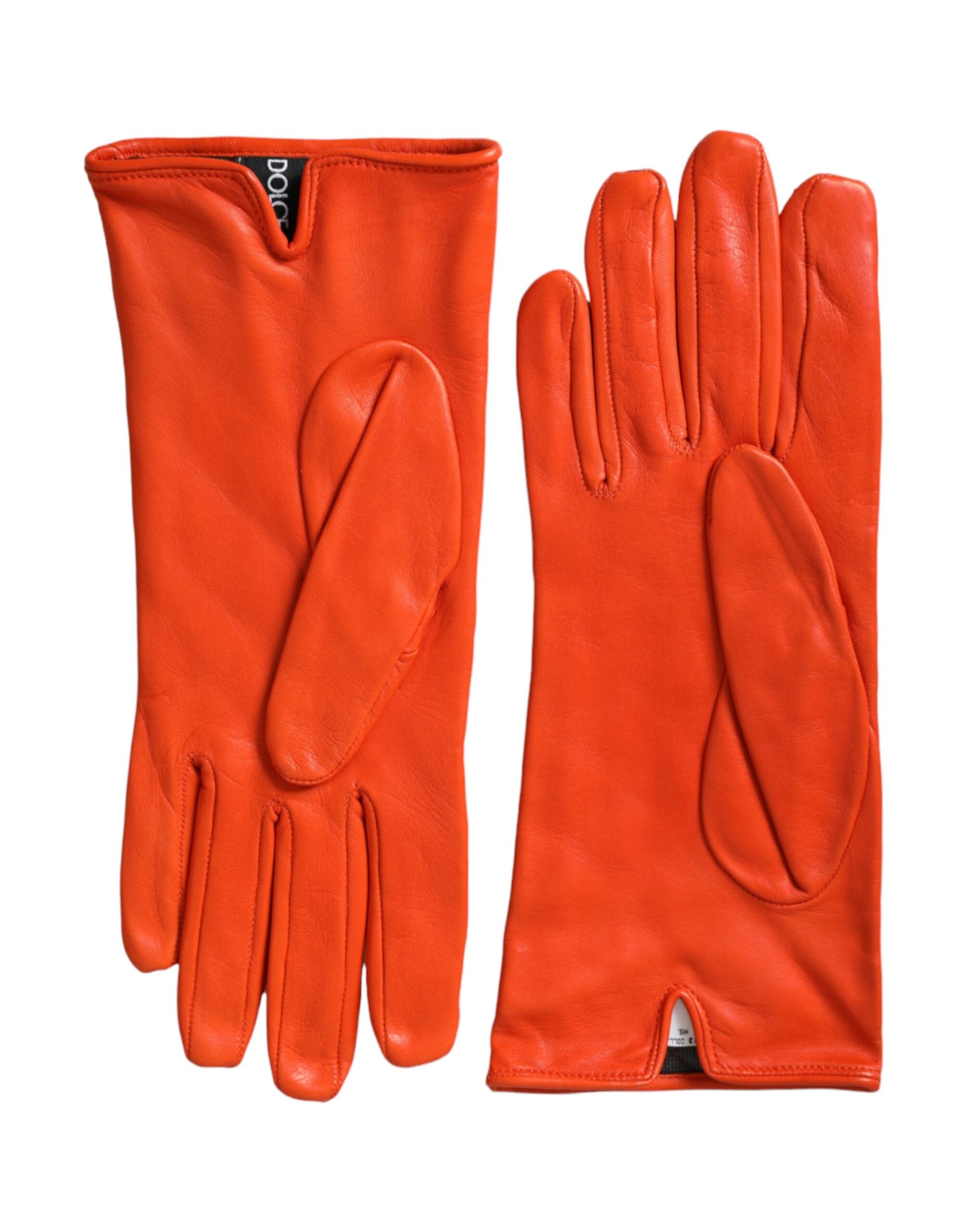 Dolce &amp; Gabbana Orange Leather Quilted Wrist Length Gloves