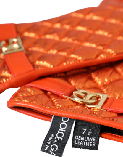 Dolce &amp; Gabbana Orange Leather Quilted Wrist Length Gloves