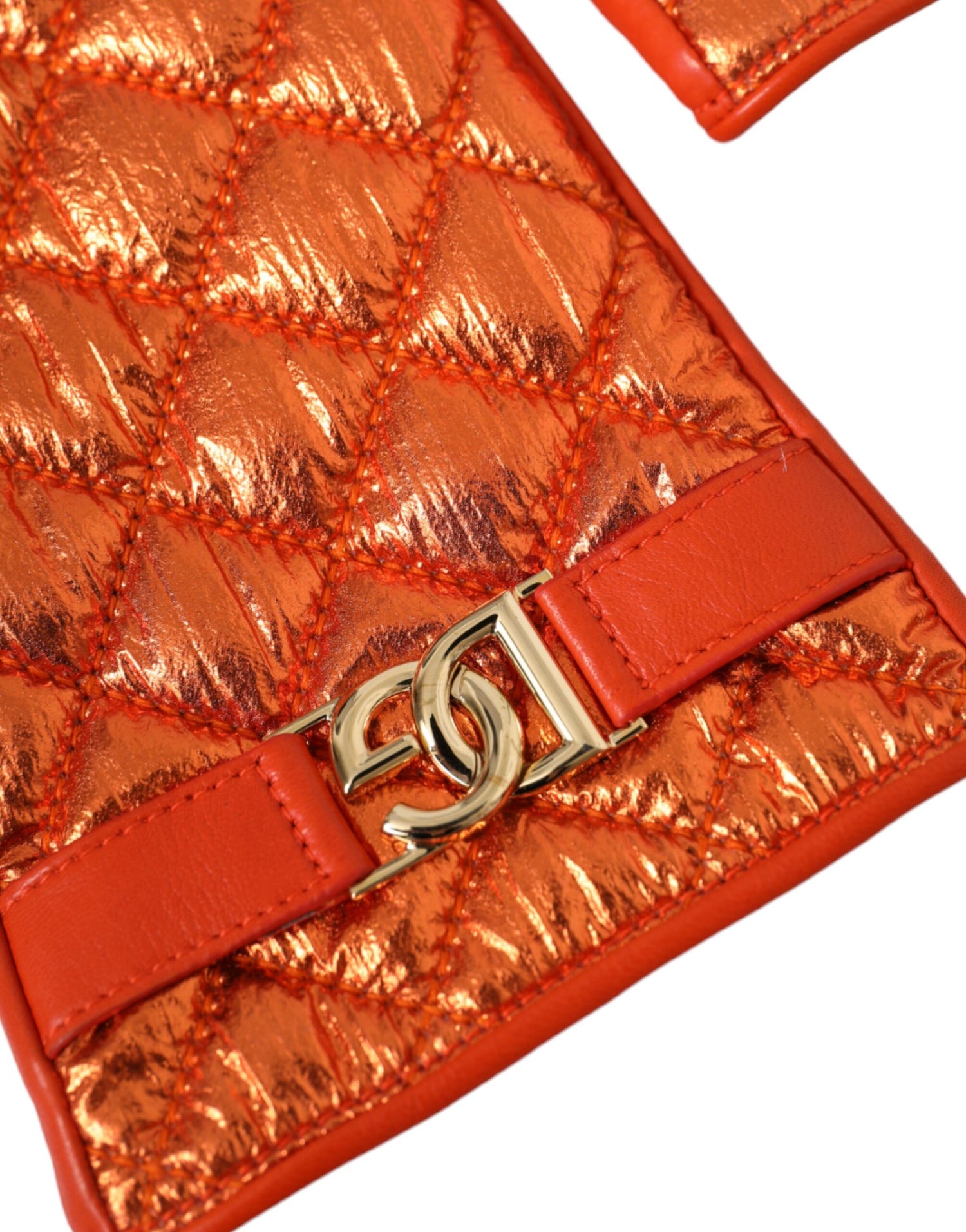 Dolce &amp; Gabbana Orange Leather Quilted Wrist Length Gloves