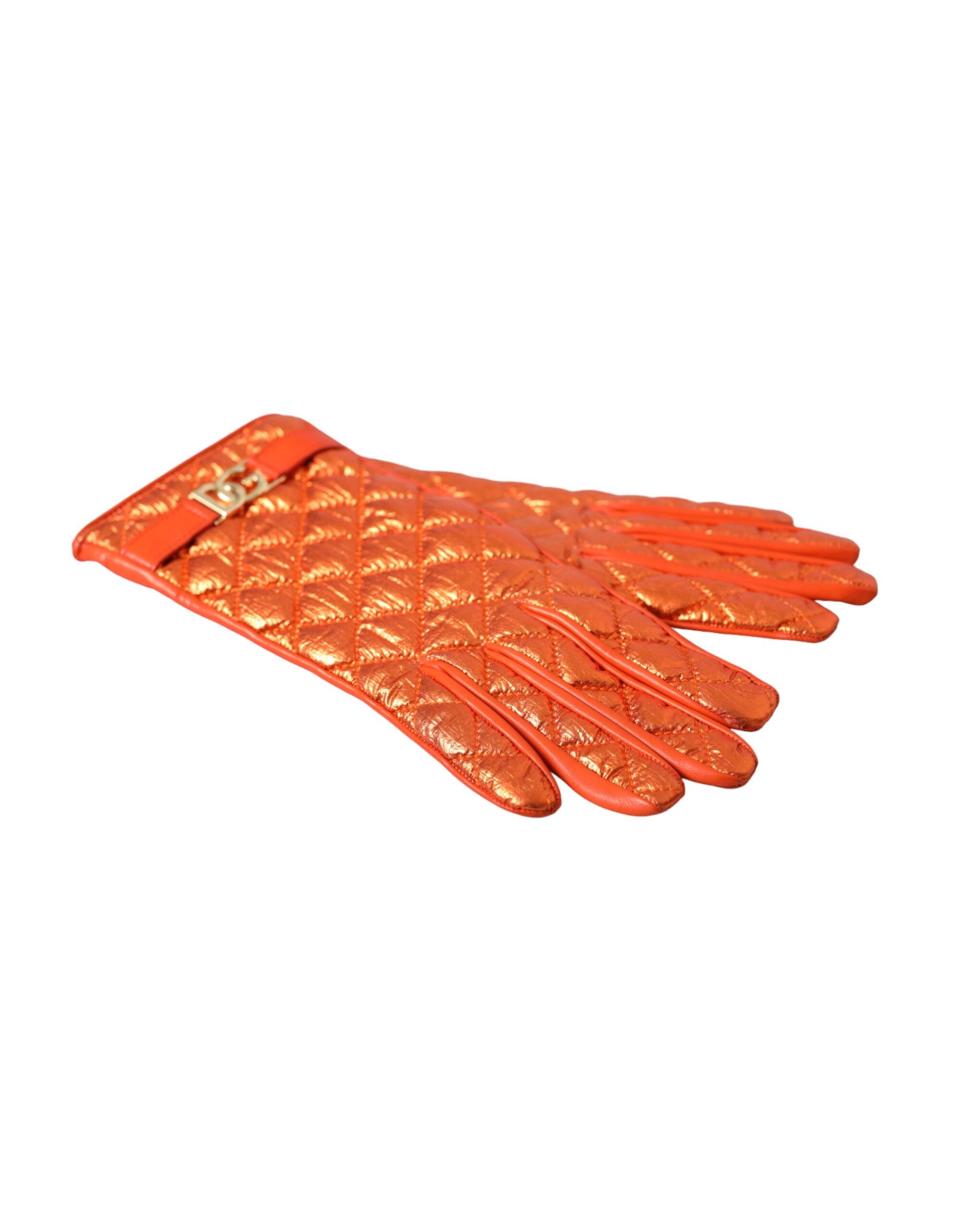 Dolce &amp; Gabbana Orange Leather Quilted Wrist Length Gloves