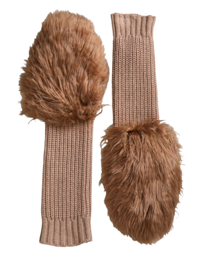 Dolce &amp; Gabbana Brown Cashmere Knitted Fur Mid Arm Mitten Gloves