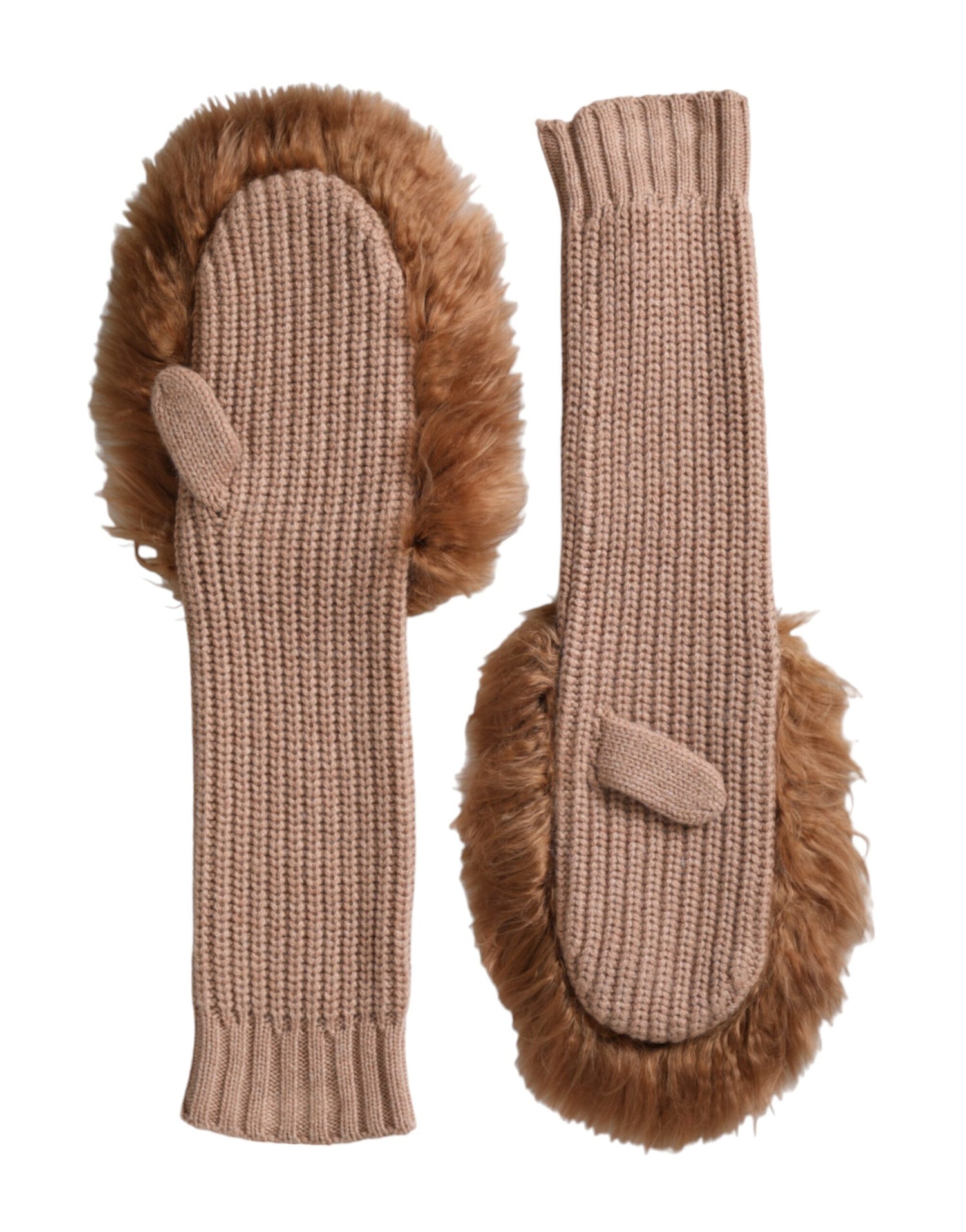 Dolce &amp; Gabbana Brown Cashmere Knitted Fur Mid Arm Mitten Gloves