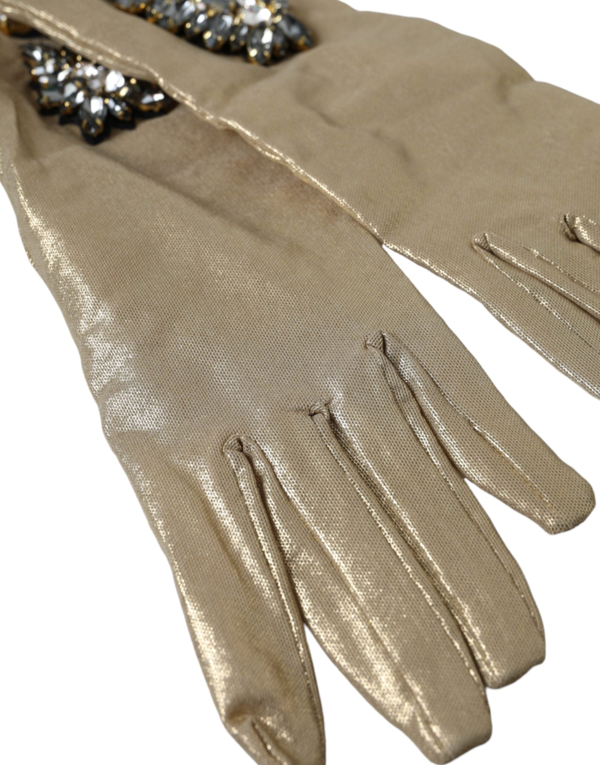 Dolce &amp; Gabbana Beige Satin Crystal Elbow Length Gloves