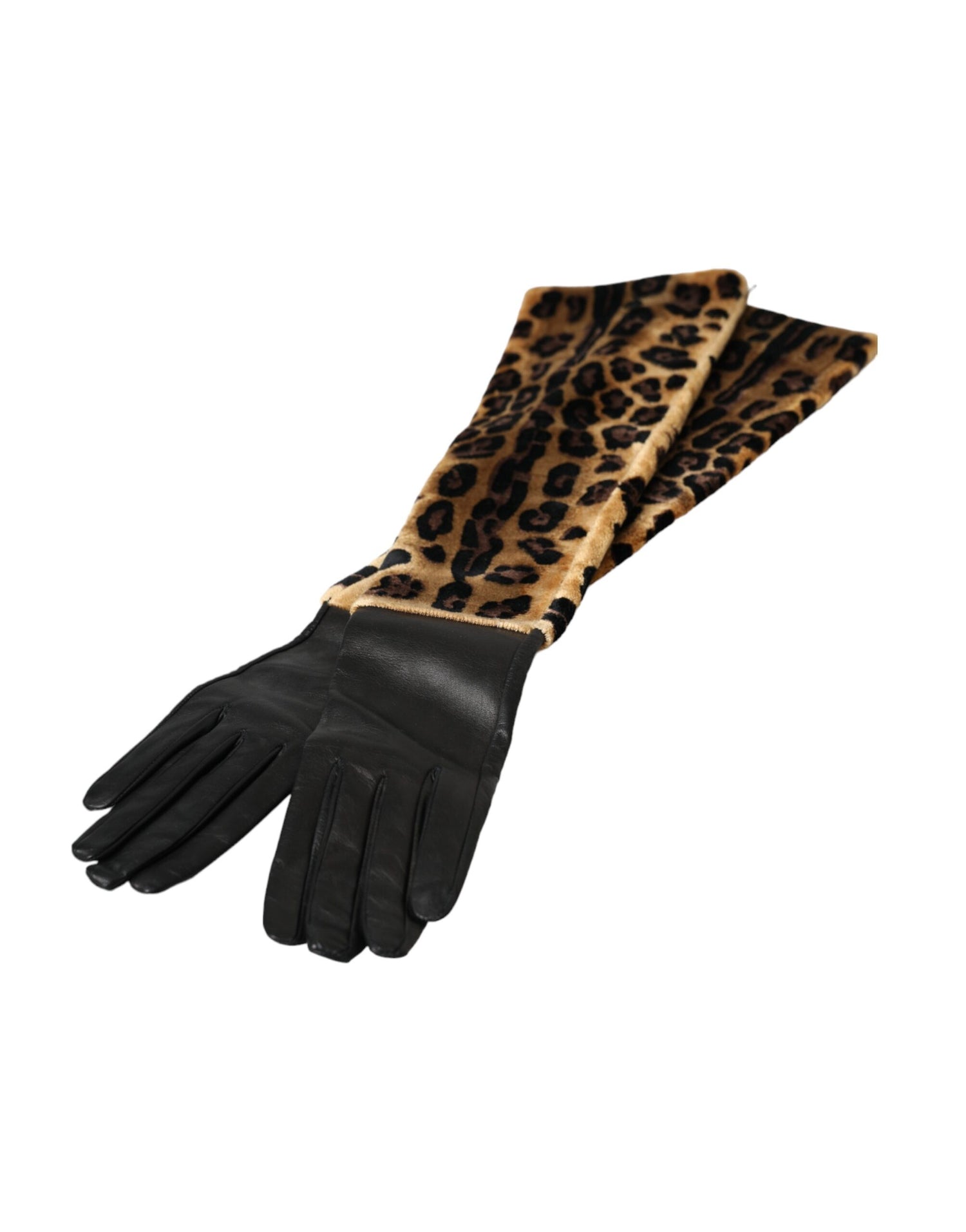 Dolce &amp; Gabbana Brown Black Leopard Leather Elbow Length Gloves