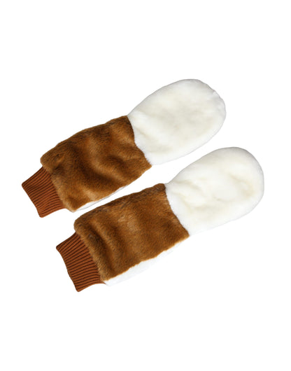 Dolce &amp; Gabbana Brown White Acrylic Knitted Fur Mitten Gloves