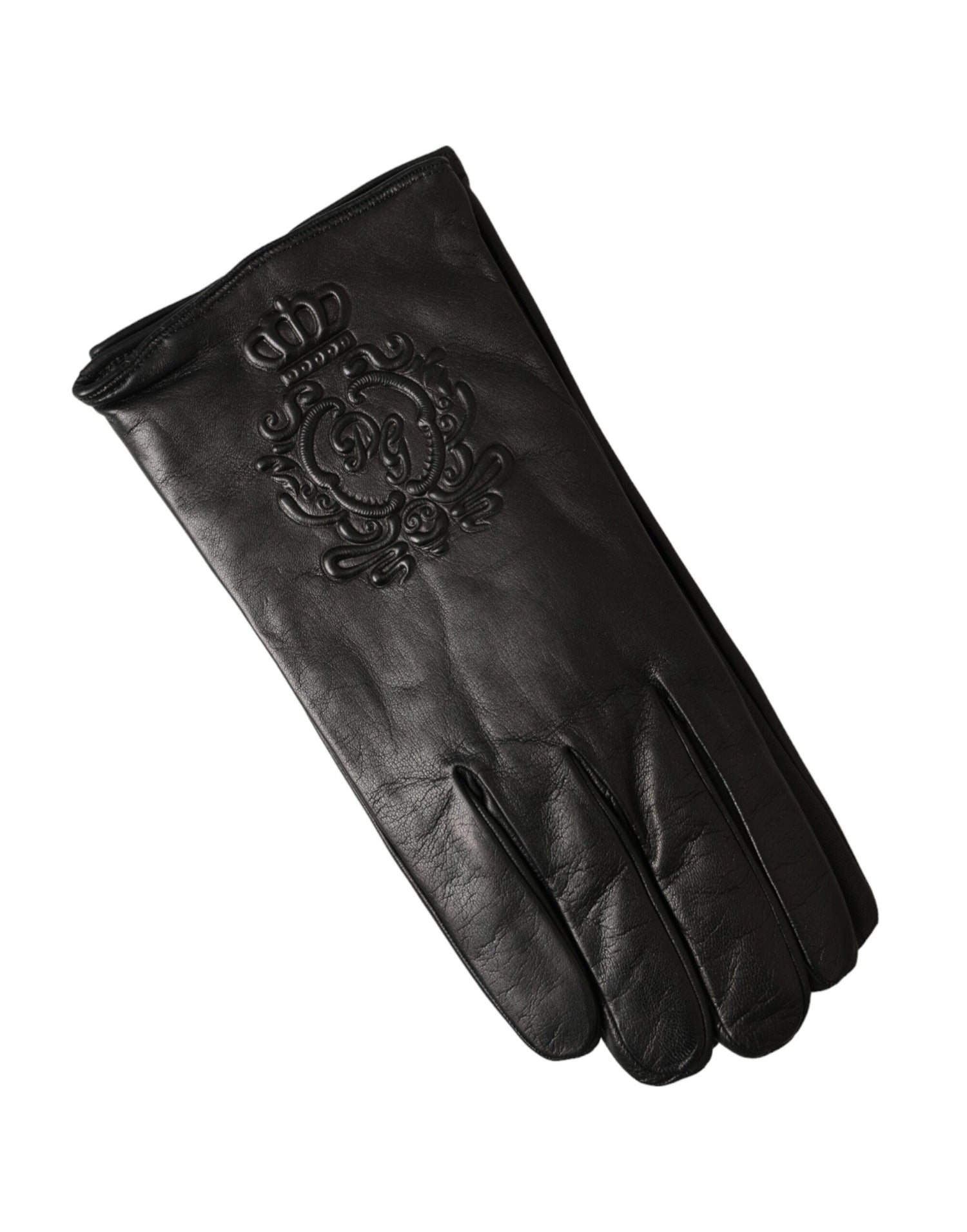 Dolce &amp; Gabbana Black Leather Embossed Logo Short Hands Gloves