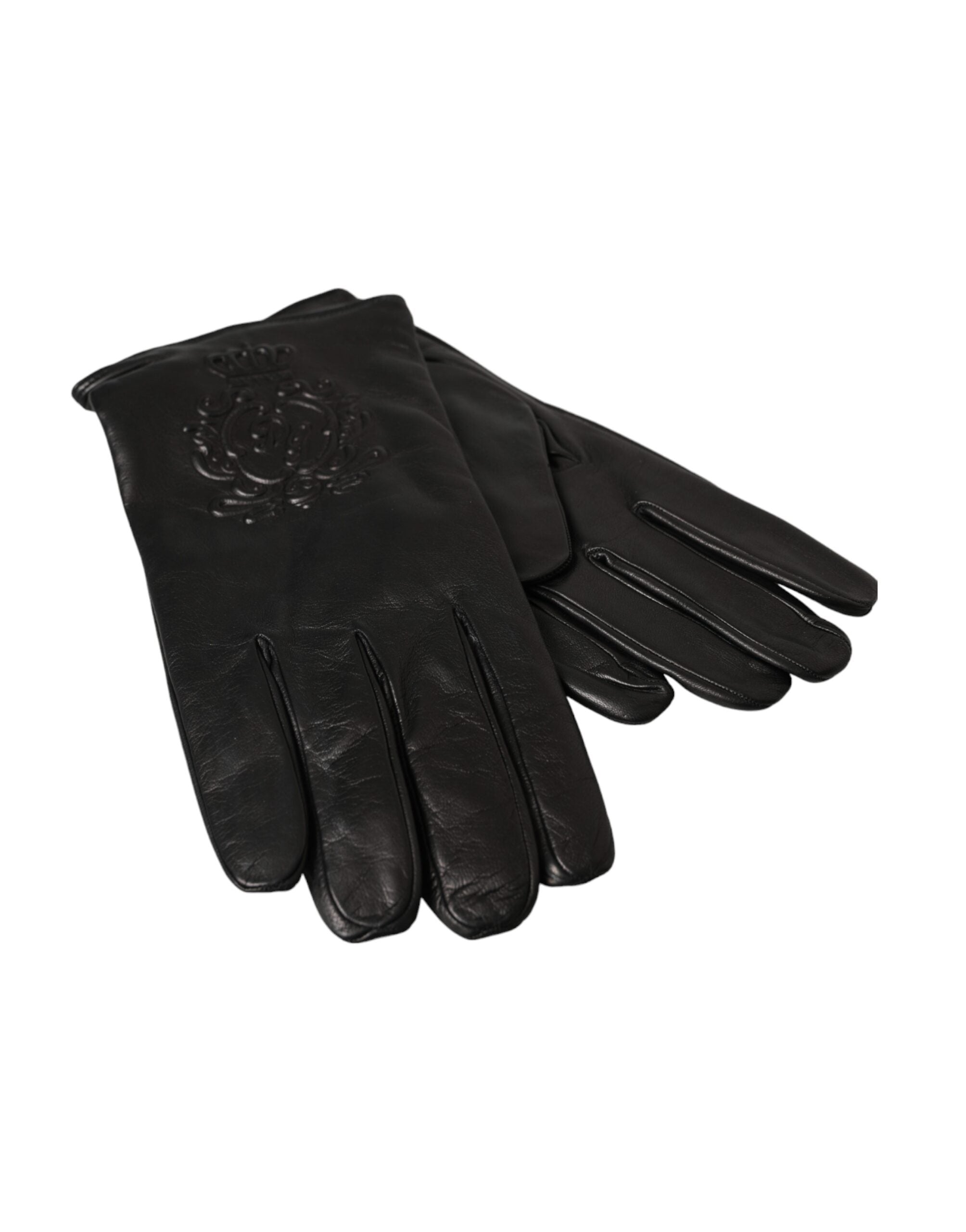 Dolce &amp; Gabbana Black Leather Embossed Logo Short Hands Gloves