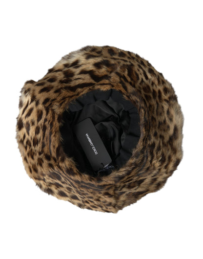 Dolce &amp; Gabbana Brown Leopard Fur Women Bucket Hat