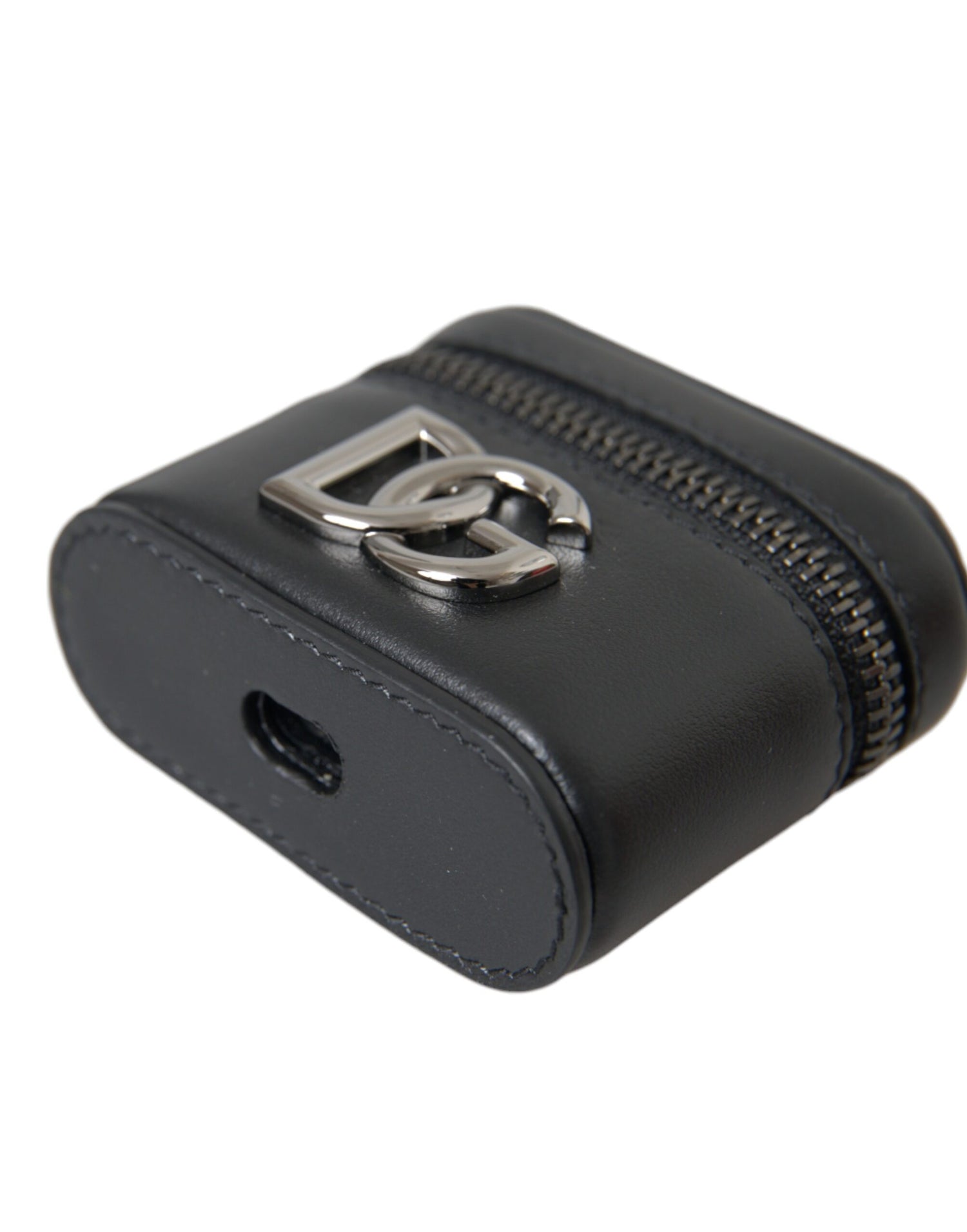 Dolce &amp; Gabbana Black DG Logo Leather Silver Metal Airpods Case