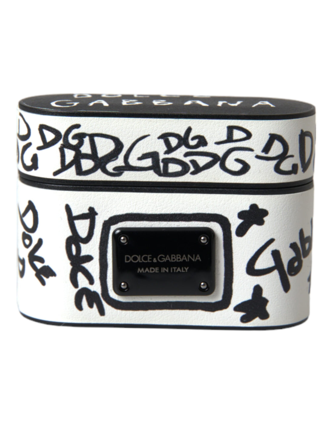 Dolce &amp; Gabbana Black White Leather Scribble Embossed Logo Airpods Case