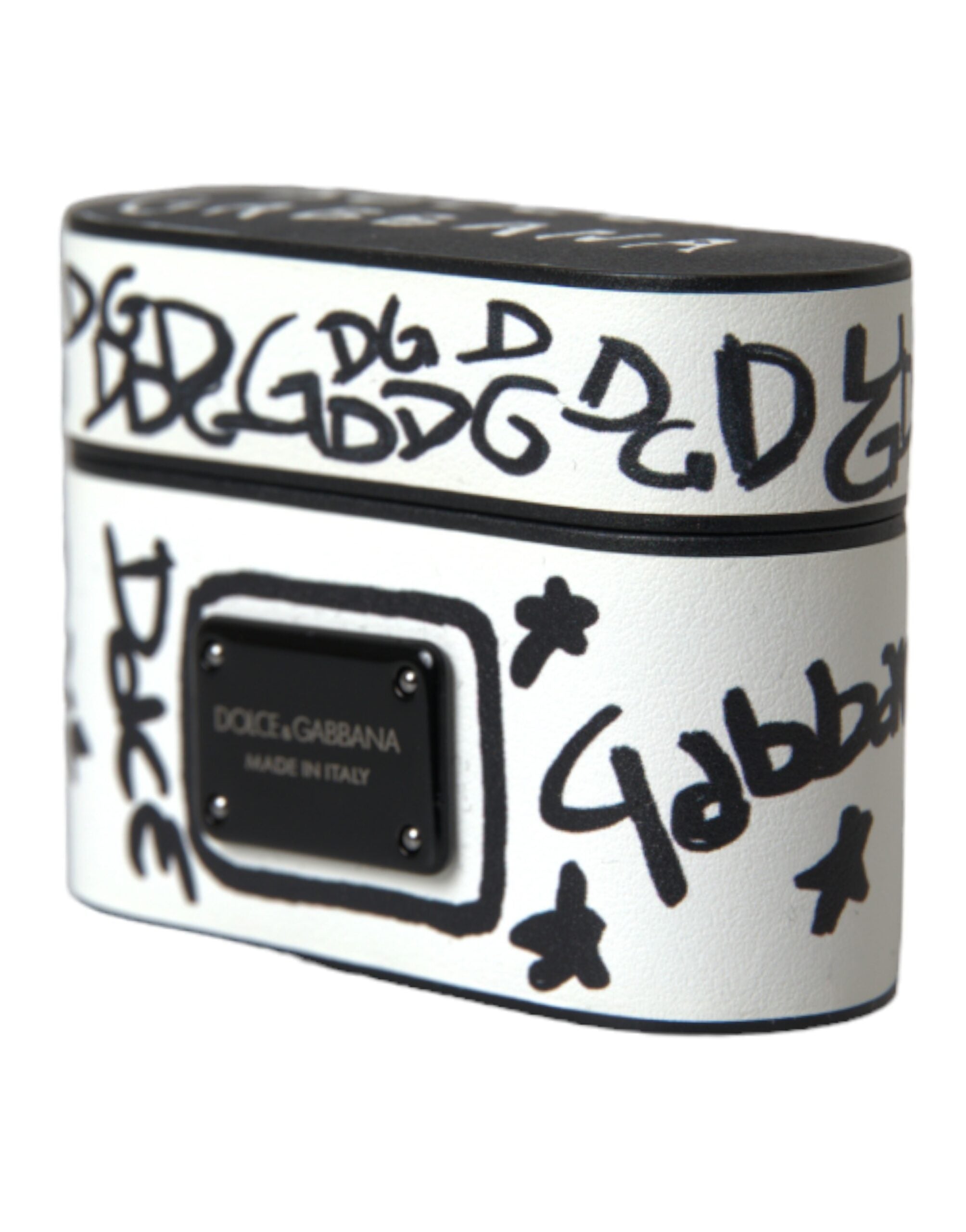 Dolce &amp; Gabbana Black White Leather Scribble Embossed Logo Airpods Case