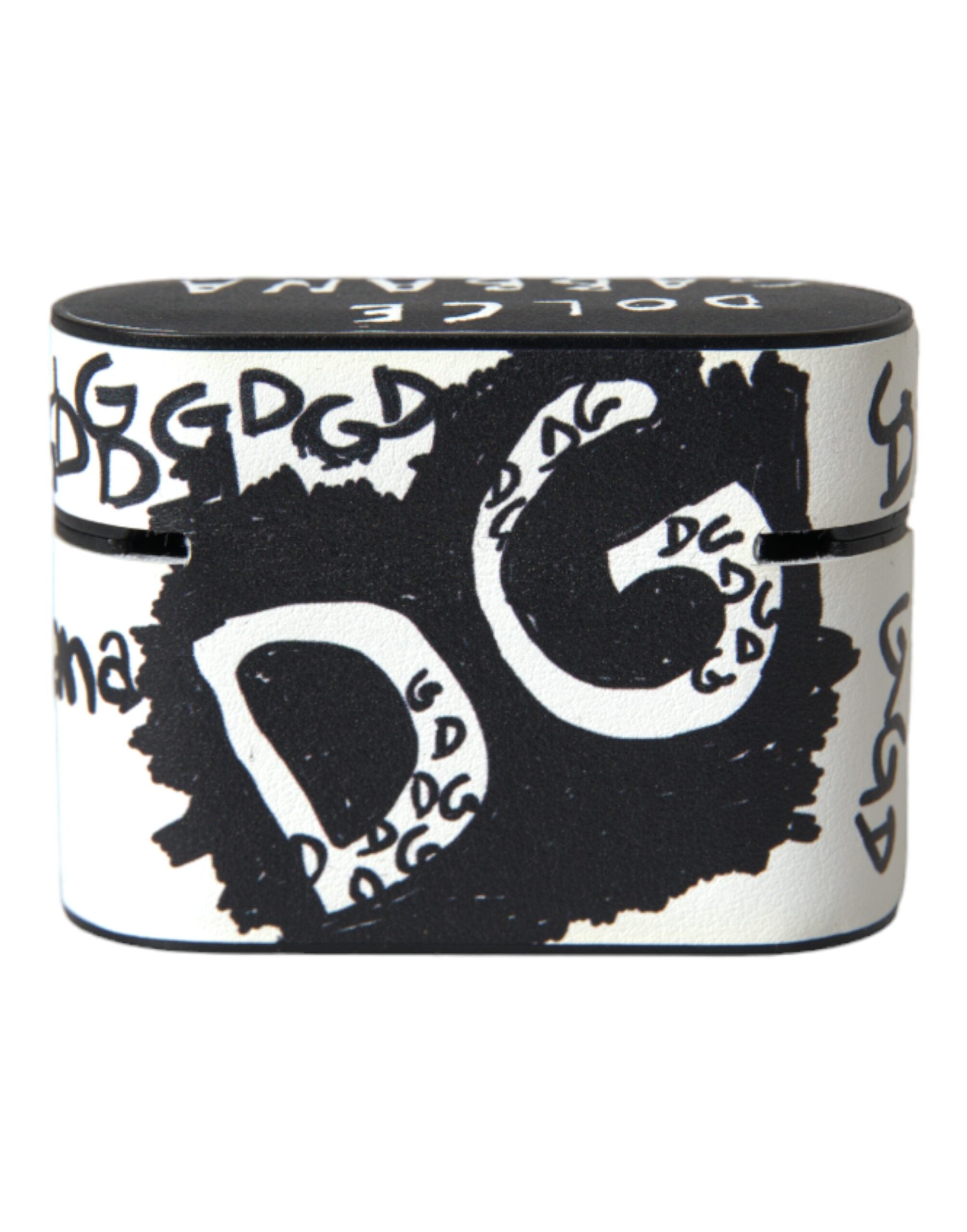 Dolce &amp; Gabbana Black White Leather Scribble Embossed Logo Airpods Case